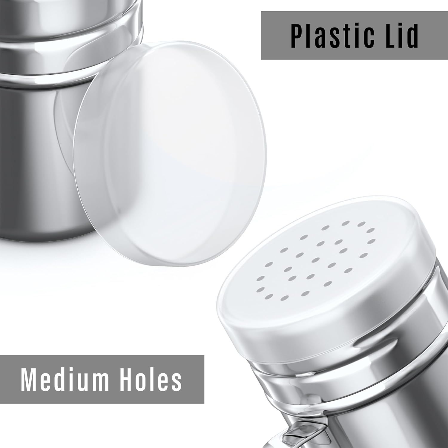 [2-pcs] 6 oz Metal Parmesan Cheese Shakers (Large Holes) + [2-pcs] 6 oz Stainless Steel Salt Pepper Dredge Shakers - All with Plastic Caps and Handles Bundle - Image 5