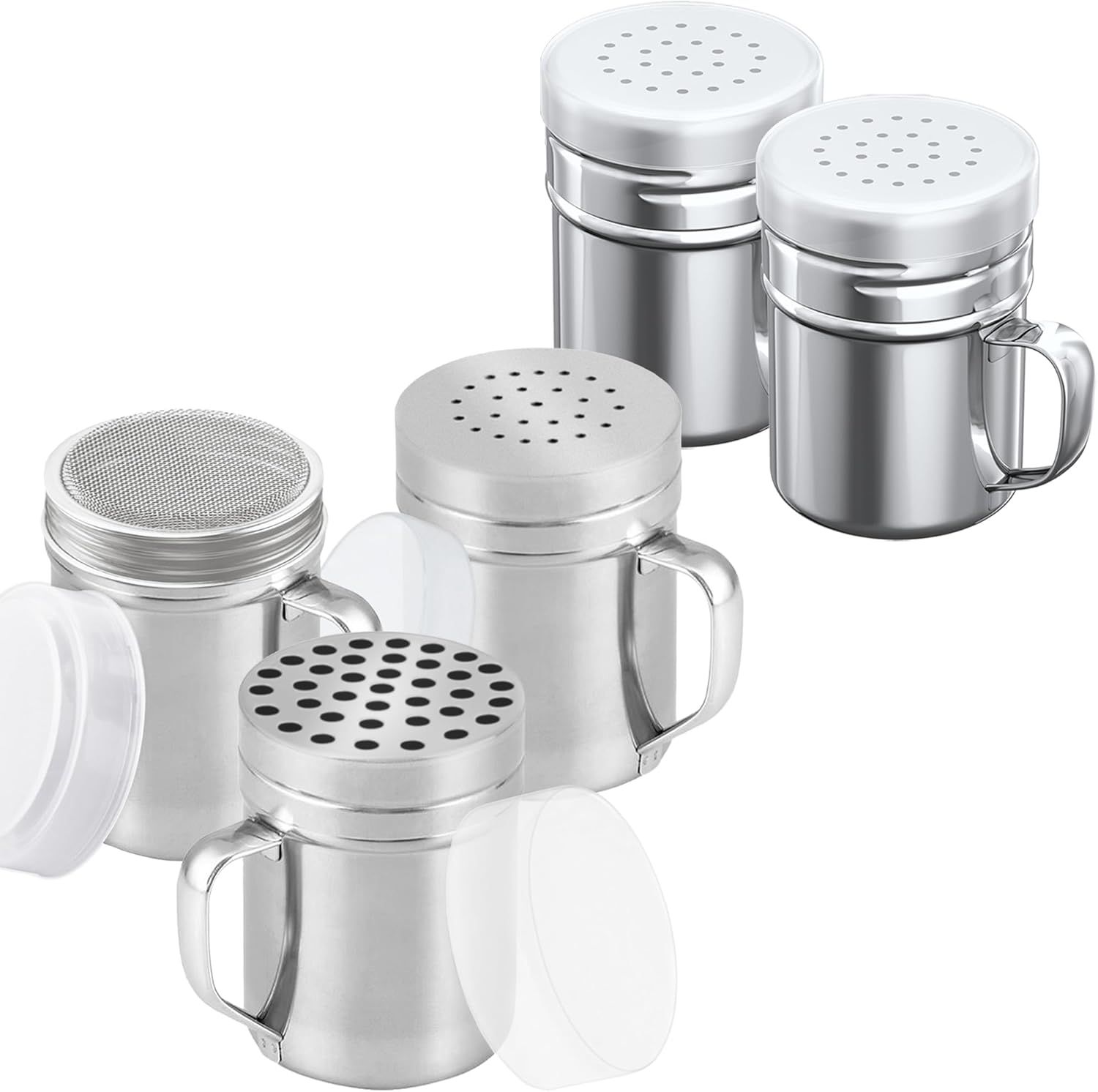 [3-pcs] 6 oz Stainless Steel Dredges (ine Mesh + Medium Holes + Large Holes) + [2-pcs] 6 oz Stainless Steel Salt Pepper Dredge Shakers - All with Plastic Caps and Handles Bundle - Image 1