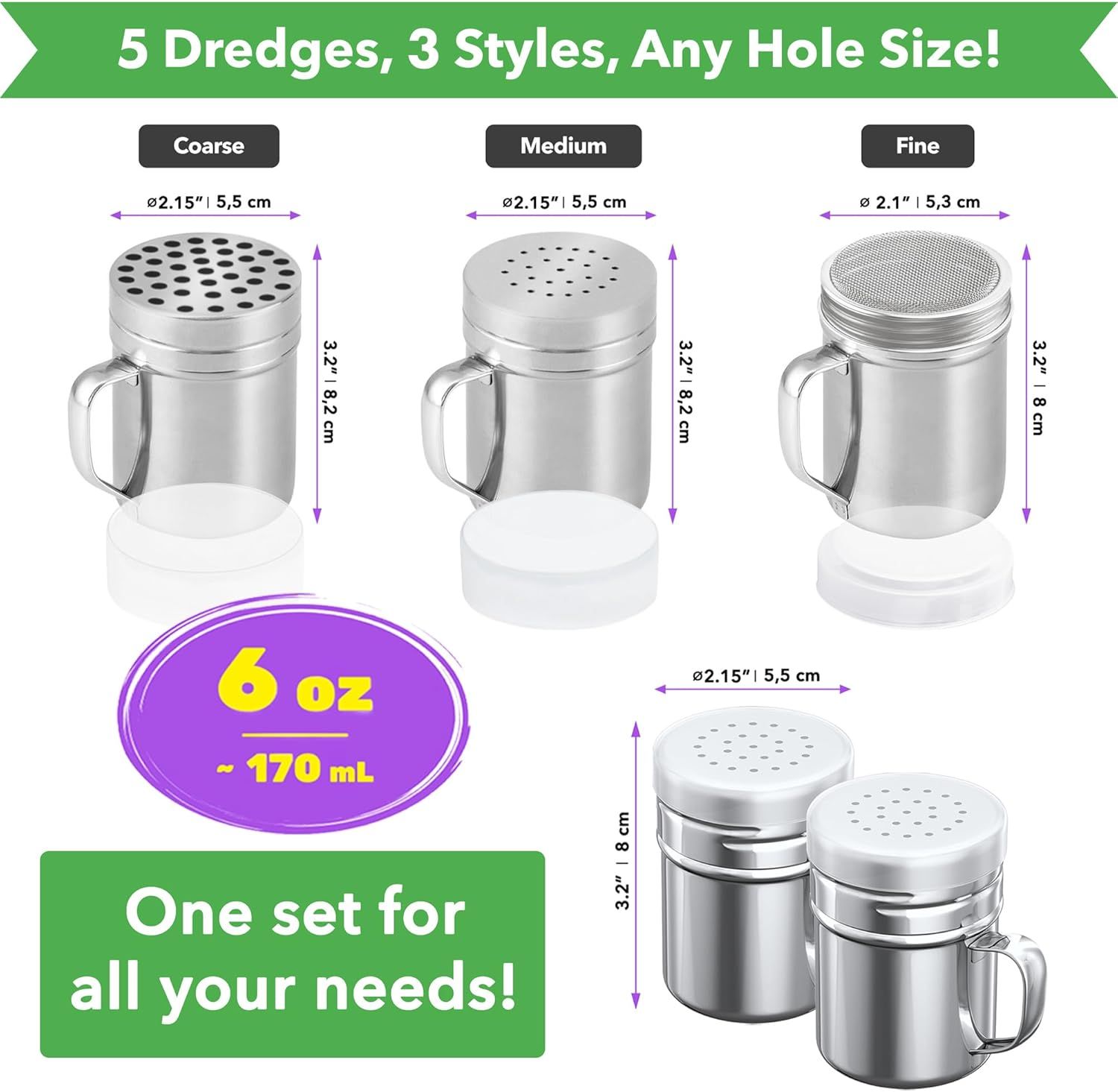 [3-pcs] 6 oz Stainless Steel Dredges (ine Mesh + Medium Holes + Large Holes) + [2-pcs] 6 oz Stainless Steel Salt Pepper Dredge Shakers - All with Plastic Caps and Handles Bundle - Image 2