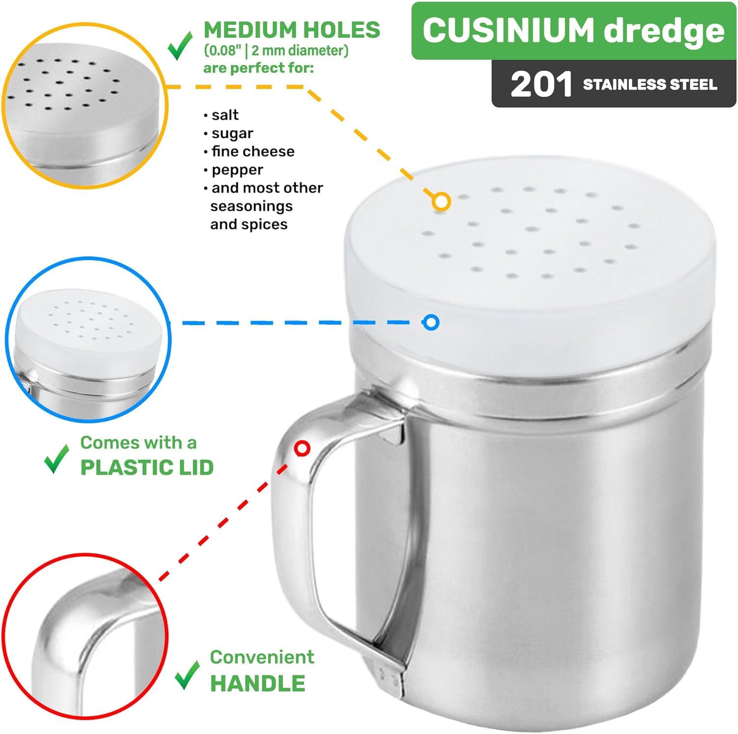 [3-pcs] 6 oz Stainless Steel Dredges (ine Mesh + Medium Holes + Large Holes) + [2-pcs] 6 oz Stainless Steel Salt Pepper Dredge Shakers - All with Plastic Caps and Handles Bundle - Image 4