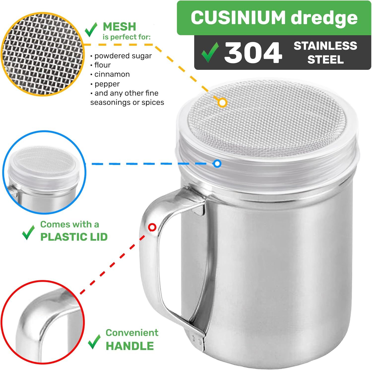 [3-pcs] 6 oz Stainless Steel Dredges (ine Mesh + Medium Holes + Large Holes) + [2-pcs] 6 oz Stainless Steel Salt Pepper Dredge Shakers - All with Plastic Caps and Handles Bundle - Image 5