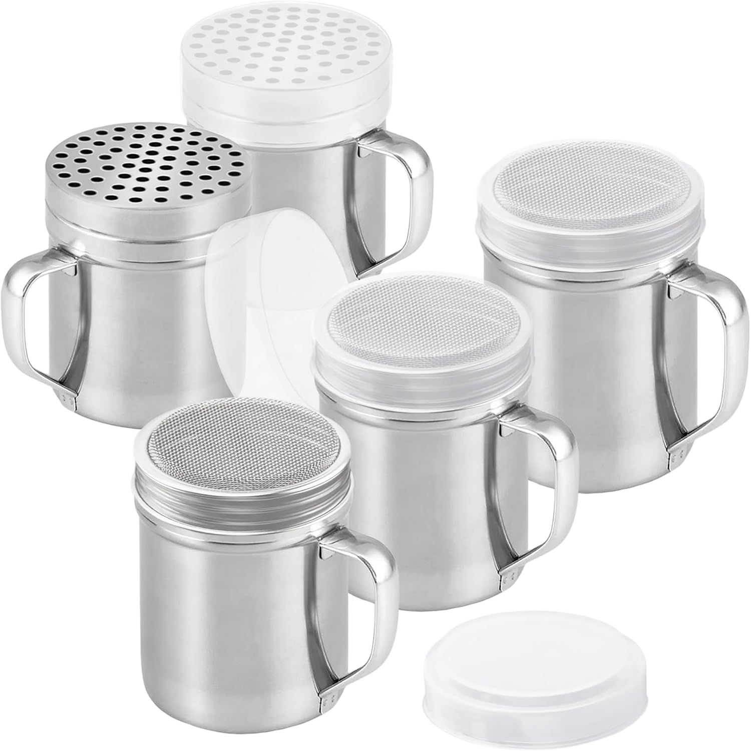 [10oz, 10oz, 14oz] Powdered Sugar Shakers + [2-pcs] 10 oz Metal Parmesan Cheese Shakers (Large Holes) - All with Plastic Caps and Handles Bundle - Image 1