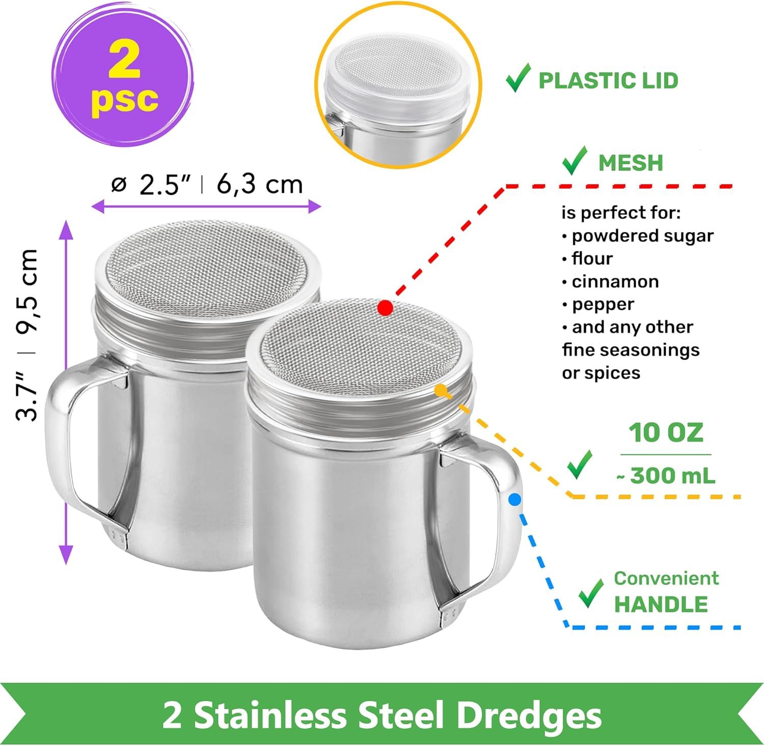 [10oz, 10oz, 14oz] Powdered Sugar Shakers + [2-pcs] 10 oz Metal Parmesan Cheese Shakers (Large Holes) - All with Plastic Caps and Handles Bundle - Image 2