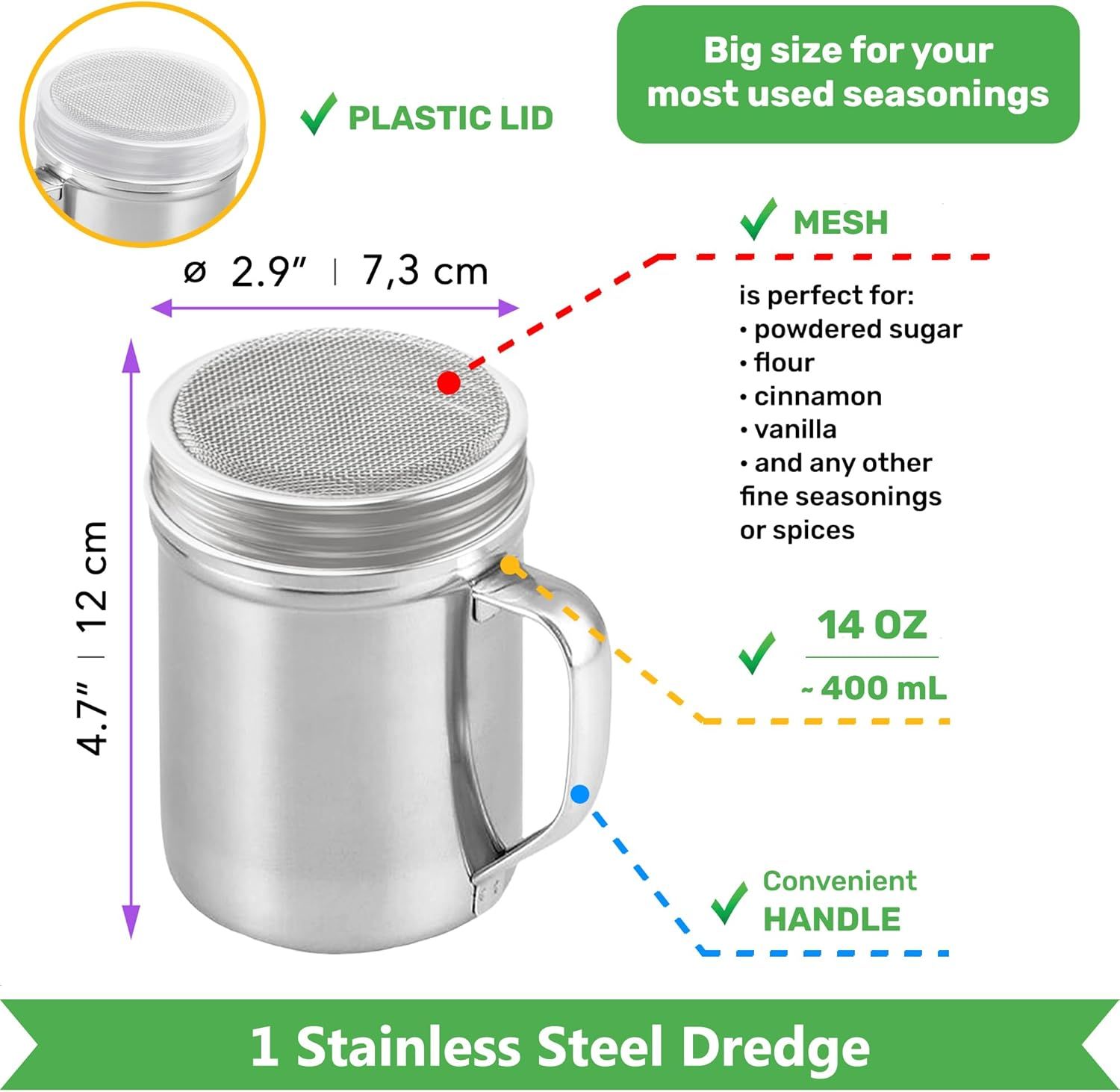 [10oz, 10oz, 14oz] Powdered Sugar Shakers + [2-pcs] 10 oz Metal Parmesan Cheese Shakers (Large Holes) - All with Plastic Caps and Handles Bundle - Image 3