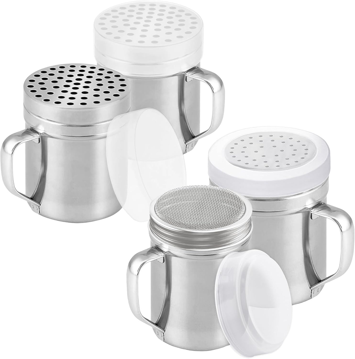 6 oz Powdered Sugar Shaker + 10 oz Salt Pepper Dredge + [2-pcs] Metal Parmesan Cheese Shakers (Large Holes) - All with Plastic Caps and Handles Bundle - Image 1
