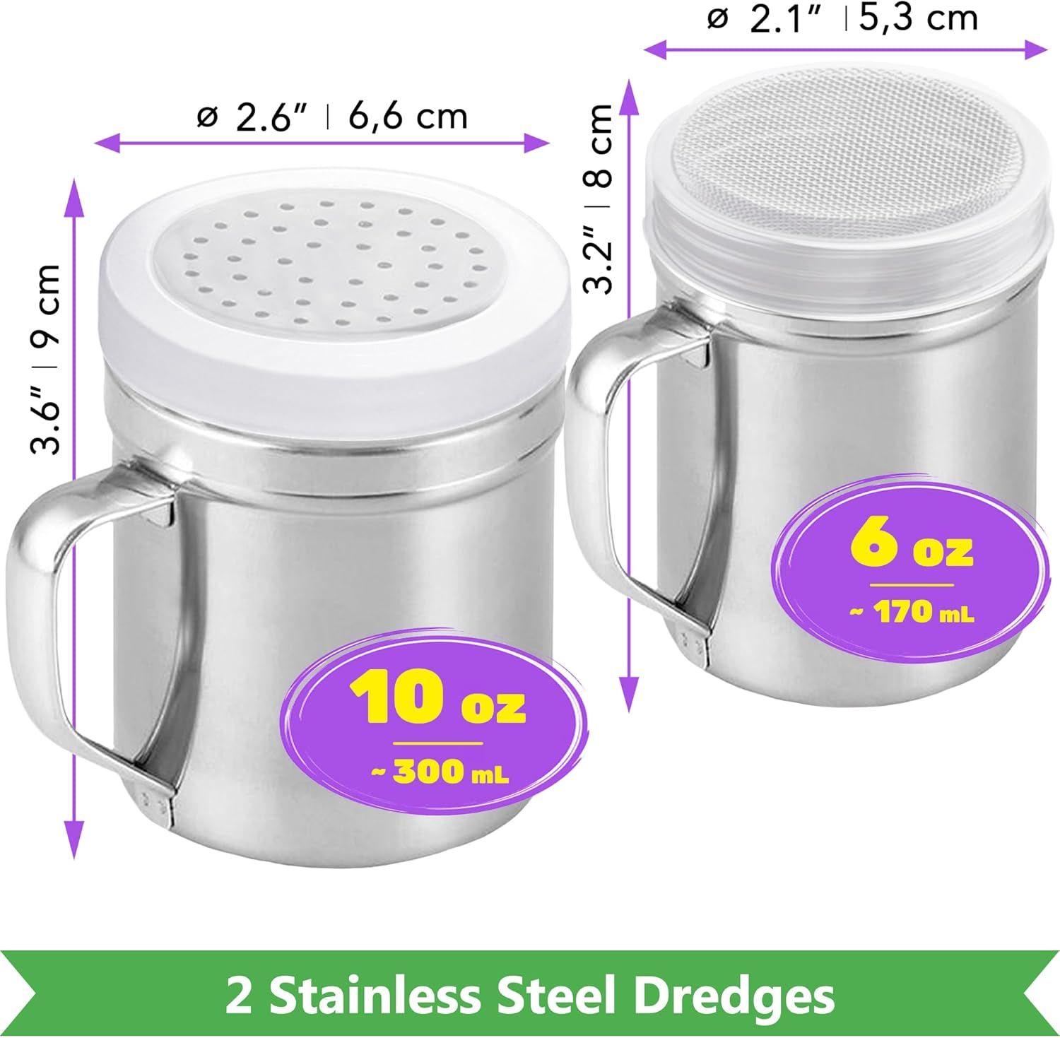 6 oz Powdered Sugar Shaker + 10 oz Salt Pepper Dredge + [2-pcs] Metal Parmesan Cheese Shakers (Large Holes) - All with Plastic Caps and Handles Bundle - Image 2
