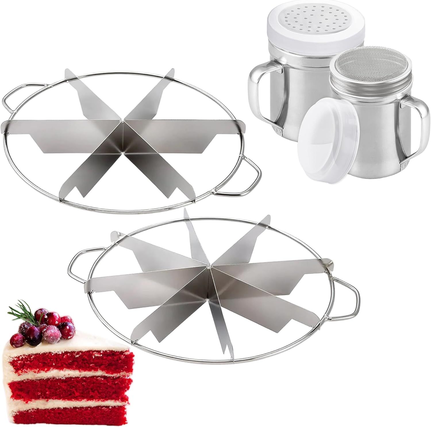 10-inch Stainless Steel 8+6-Piece Pie Slicers + 6 oz ine Mesh Shaker + 10 oz Medium Holes Dredge - with Handles and Plastic Caps Bundle - Image 1