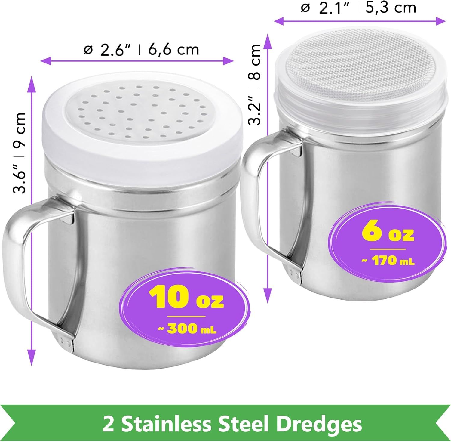 10-inch Stainless Steel 8+6-Piece Pie Slicers + 6 oz ine Mesh Shaker + 10 oz Medium Holes Dredge - with Handles and Plastic Caps Bundle - Image 2