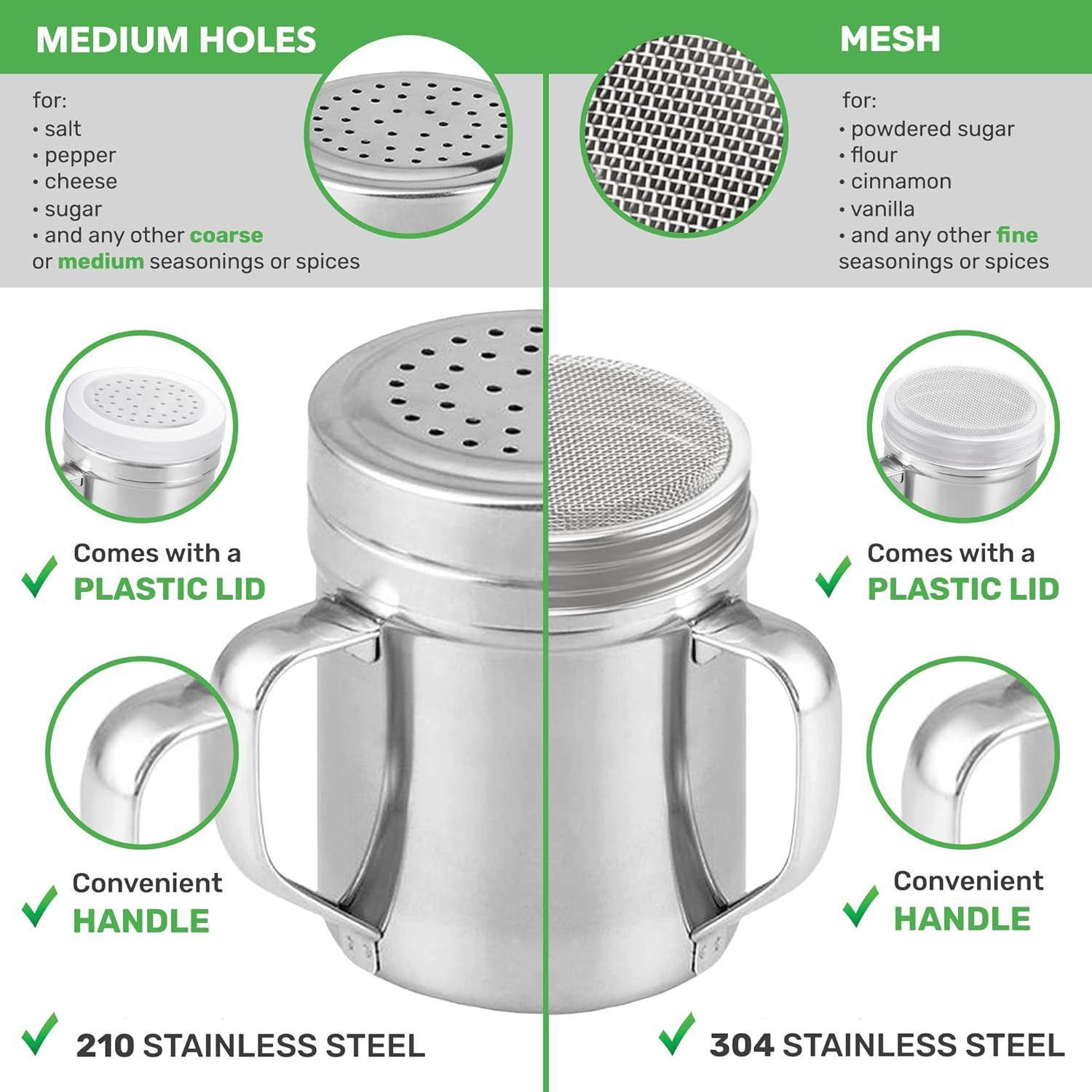 10-inch Stainless Steel 8+6-Piece Pie Slicers + 6 oz ine Mesh Shaker + 10 oz Medium Holes Dredge - with Handles and Plastic Caps Bundle - Image 5