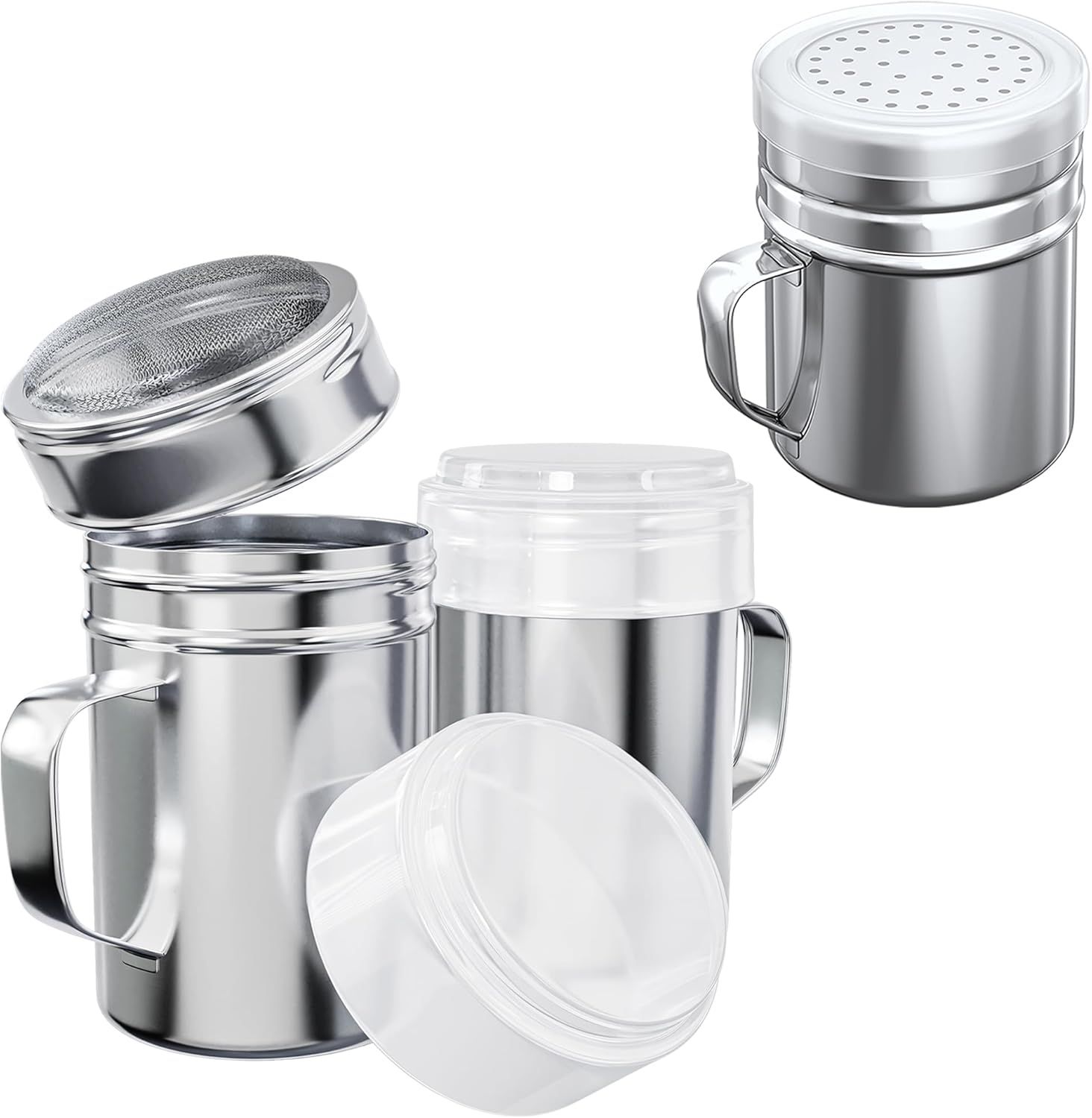 [2-pcs] 14 oz Powdered Sugar Shakers + [1-pc] 10 oz Stainless Steel Salt Pepper Dredge Shaker - All with Plastic Caps and Handles Bundle - Image 1