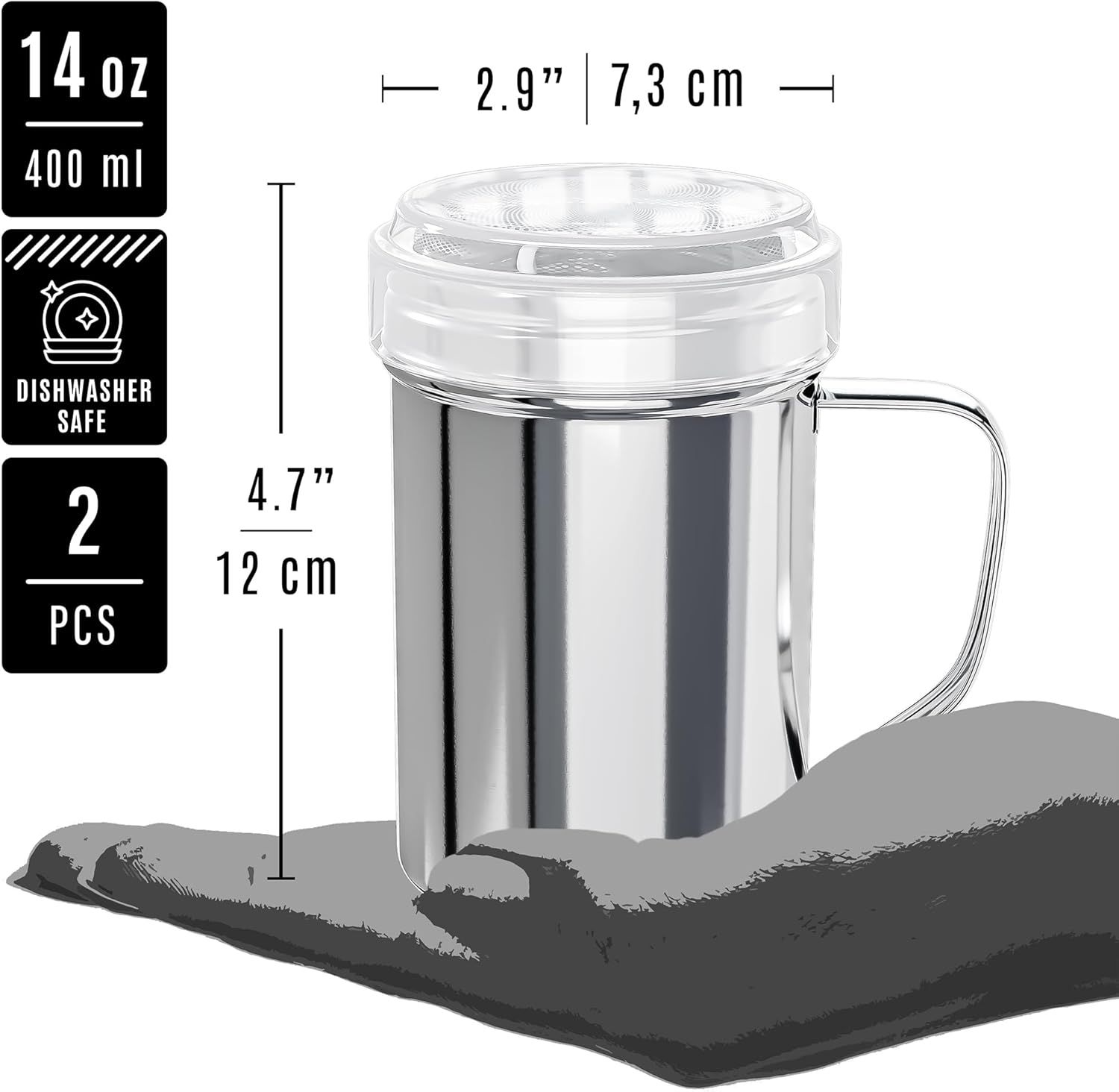 [2-pcs] 14 oz Powdered Sugar Shakers + [1-pc] 10 oz Stainless Steel Salt Pepper Dredge Shaker - All with Plastic Caps and Handles Bundle - Image 2