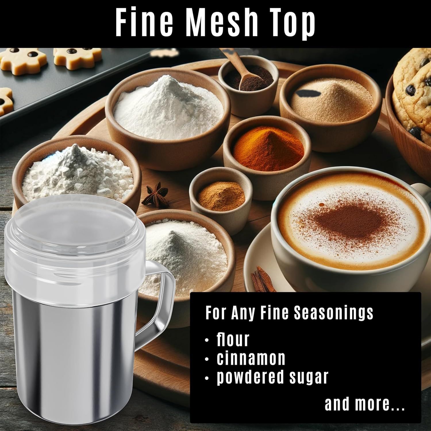 [2-pcs] 14 oz Powdered Sugar Shakers + [1-pc] 10 oz Stainless Steel Salt Pepper Dredge Shaker - All with Plastic Caps and Handles Bundle - Image 3
