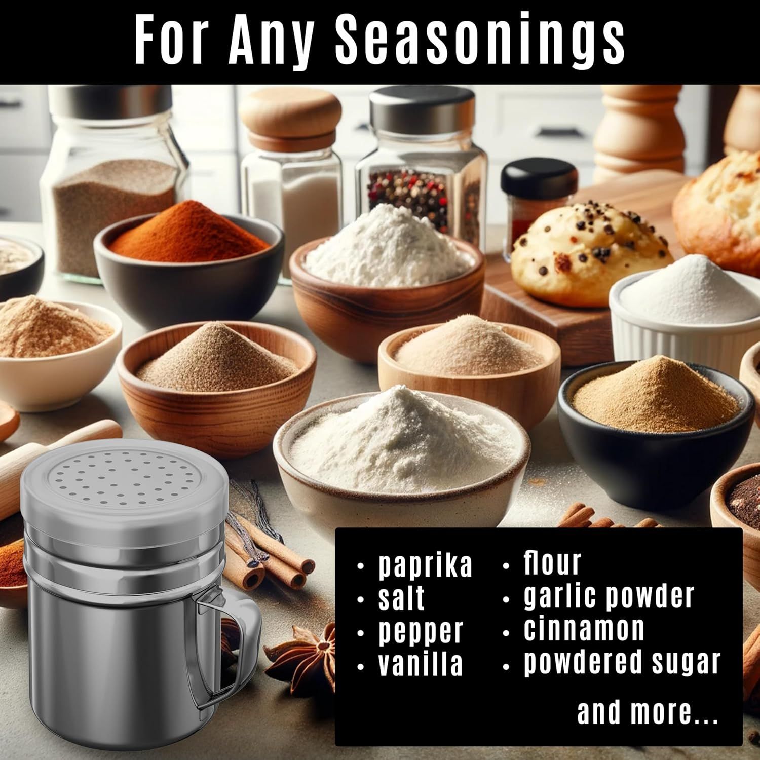 [2-pcs] 14 oz Powdered Sugar Shakers + [1-pc] 10 oz Stainless Steel Salt Pepper Dredge Shaker - All with Plastic Caps and Handles Bundle - Image 5