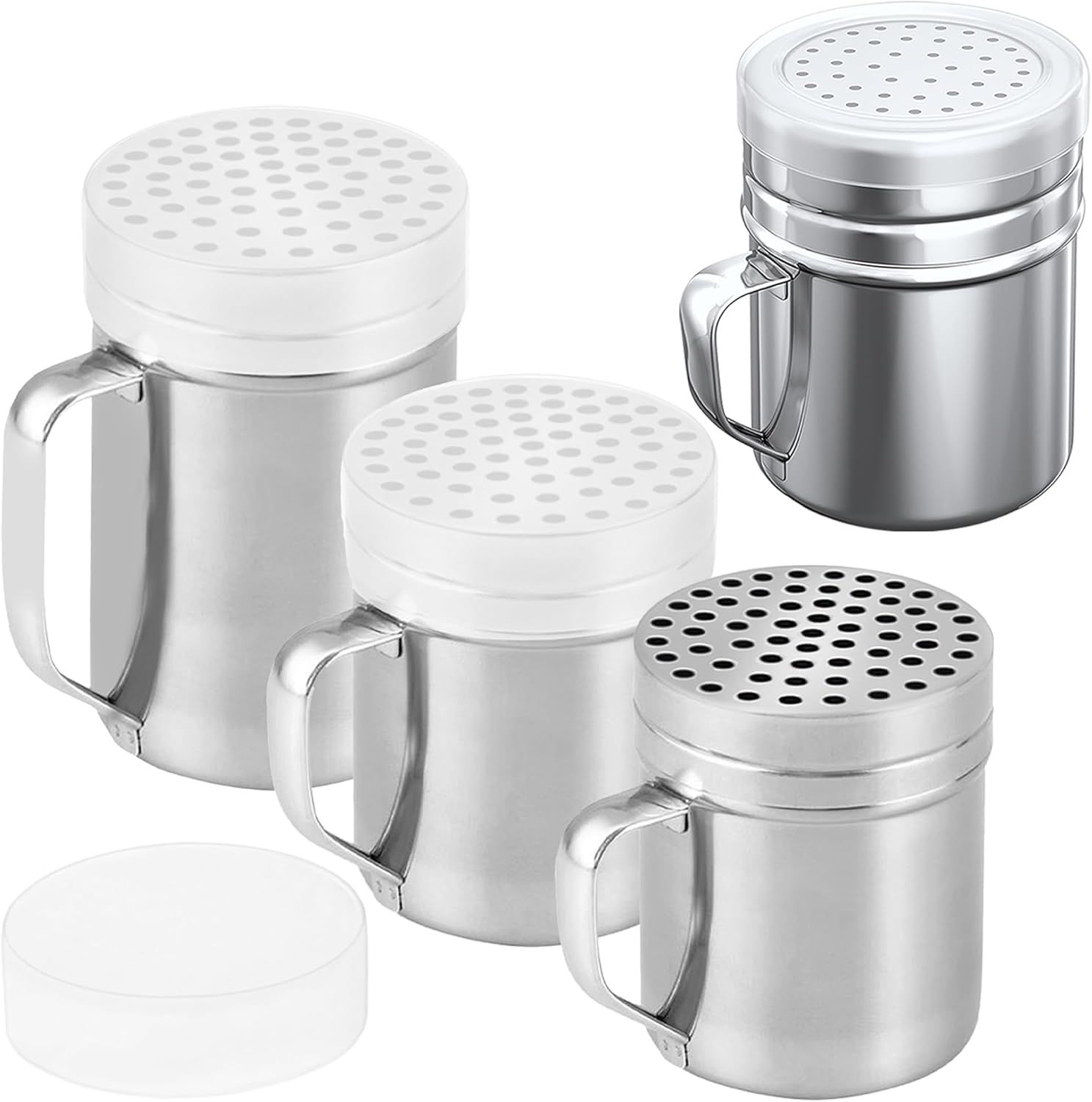 [10oz + 10oz + 14oz] Large Holes Stainless Steel Dredges + [1-pc] 10 oz Stainless Steel Salt Pepper Dredge Shaker - All with Plastic Caps and Handles Bundle - Image 1