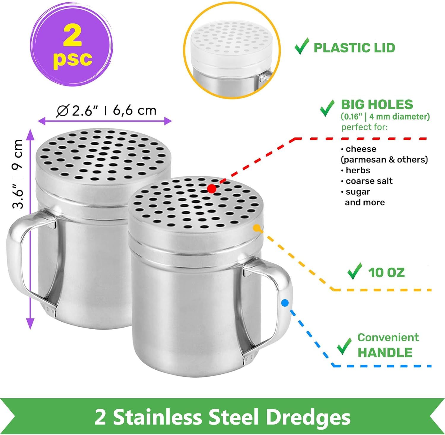 [10oz + 10oz + 14oz] Large Holes Stainless Steel Dredges + [1-pc] 10 oz Stainless Steel Salt Pepper Dredge Shaker - All with Plastic Caps and Handles Bundle - Image 2