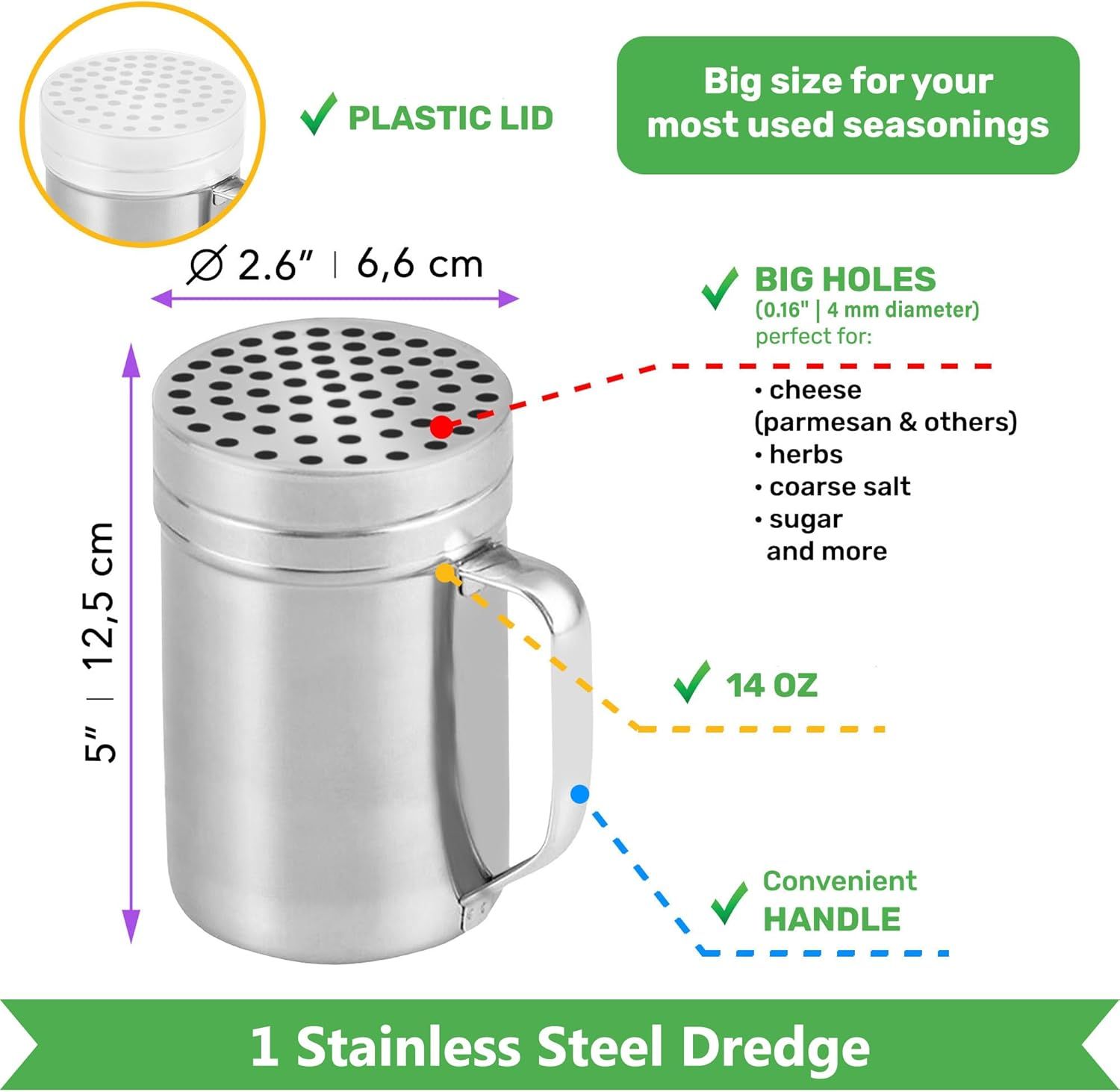 [10oz + 10oz + 14oz] Large Holes Stainless Steel Dredges + [1-pc] 10 oz Stainless Steel Salt Pepper Dredge Shaker - All with Plastic Caps and Handles Bundle - Image 3