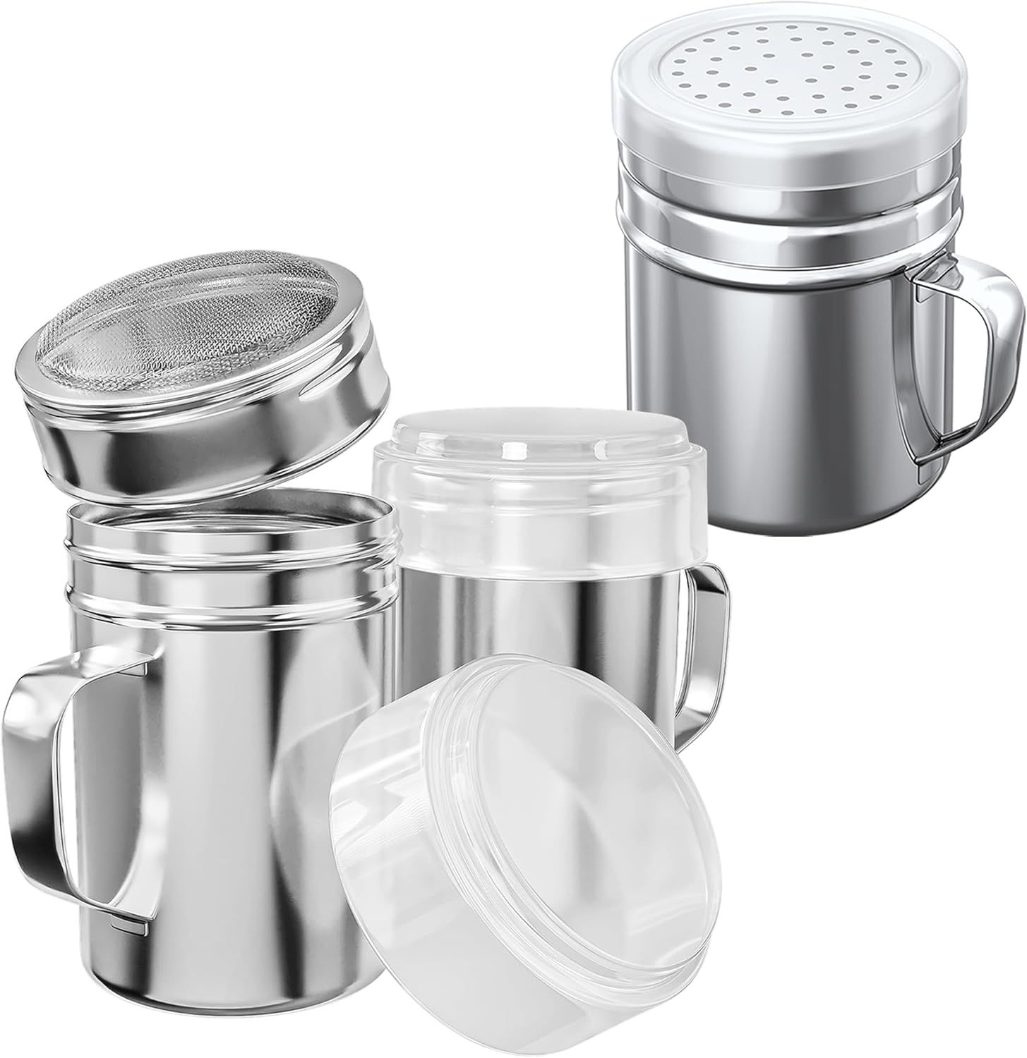 [2-pcs] 10 oz Powdered Sugar Shakers + [1-pc] 10 oz Stainless Steel Salt Pepper Dredge Shaker - All with Plastic Caps and Handles Bundle - Image 1
