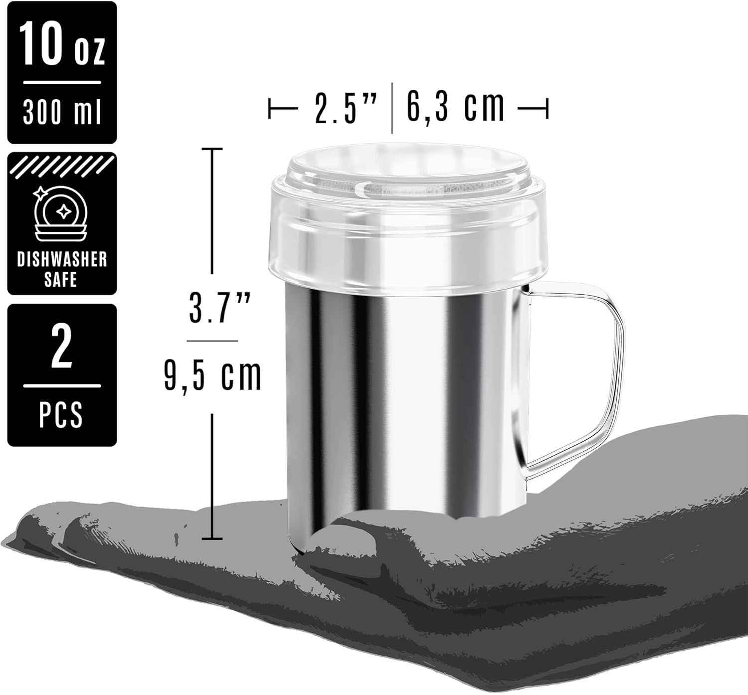 [2-pcs] 10 oz Powdered Sugar Shakers + [1-pc] 10 oz Stainless Steel Salt Pepper Dredge Shaker - All with Plastic Caps and Handles Bundle - Image 2