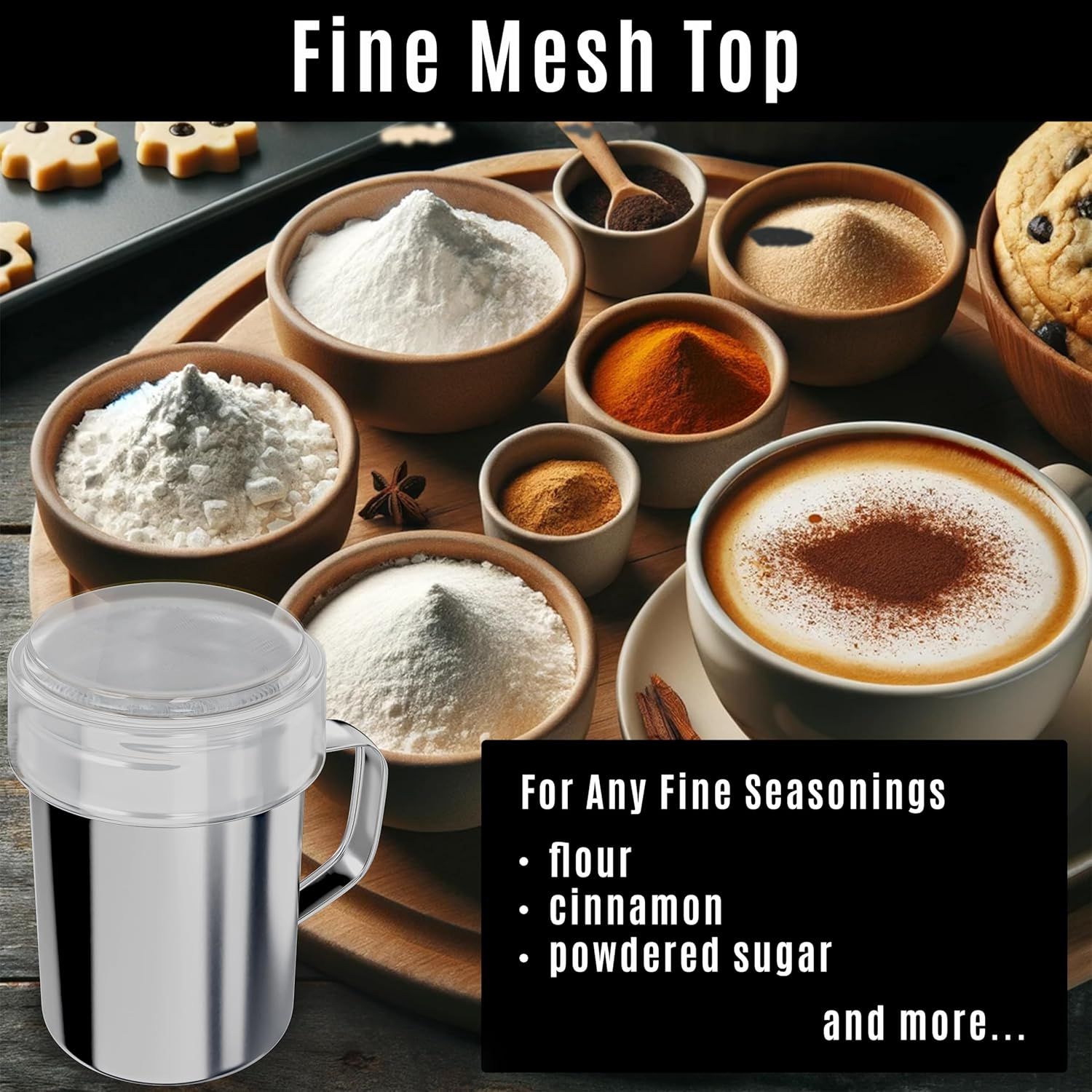 [2-pcs] 10 oz Powdered Sugar Shakers + [1-pc] 10 oz Stainless Steel Salt Pepper Dredge Shaker - All with Plastic Caps and Handles Bundle - Image 3