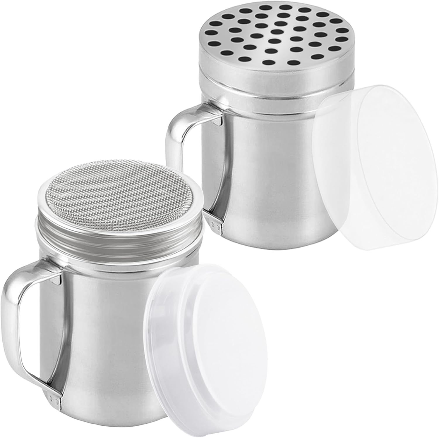 6 oz Powdered Sugar Shaker Duster + 6 oz Metal Parmesan Cheese Shaker (Large Holes) - All with Plastic Caps and Handles Bundle - Image 1