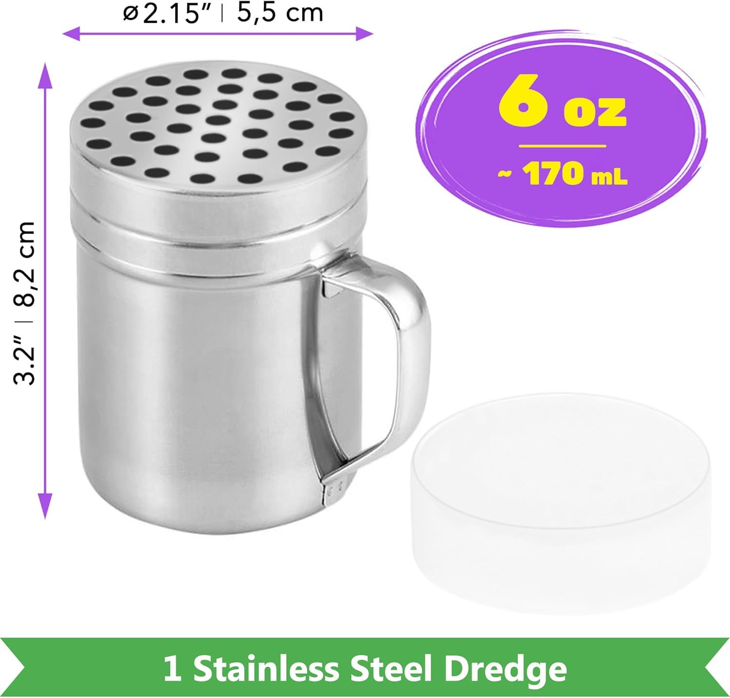 6 oz Powdered Sugar Shaker Duster + 6 oz Metal Parmesan Cheese Shaker (Large Holes) - All with Plastic Caps and Handles Bundle - Image 4