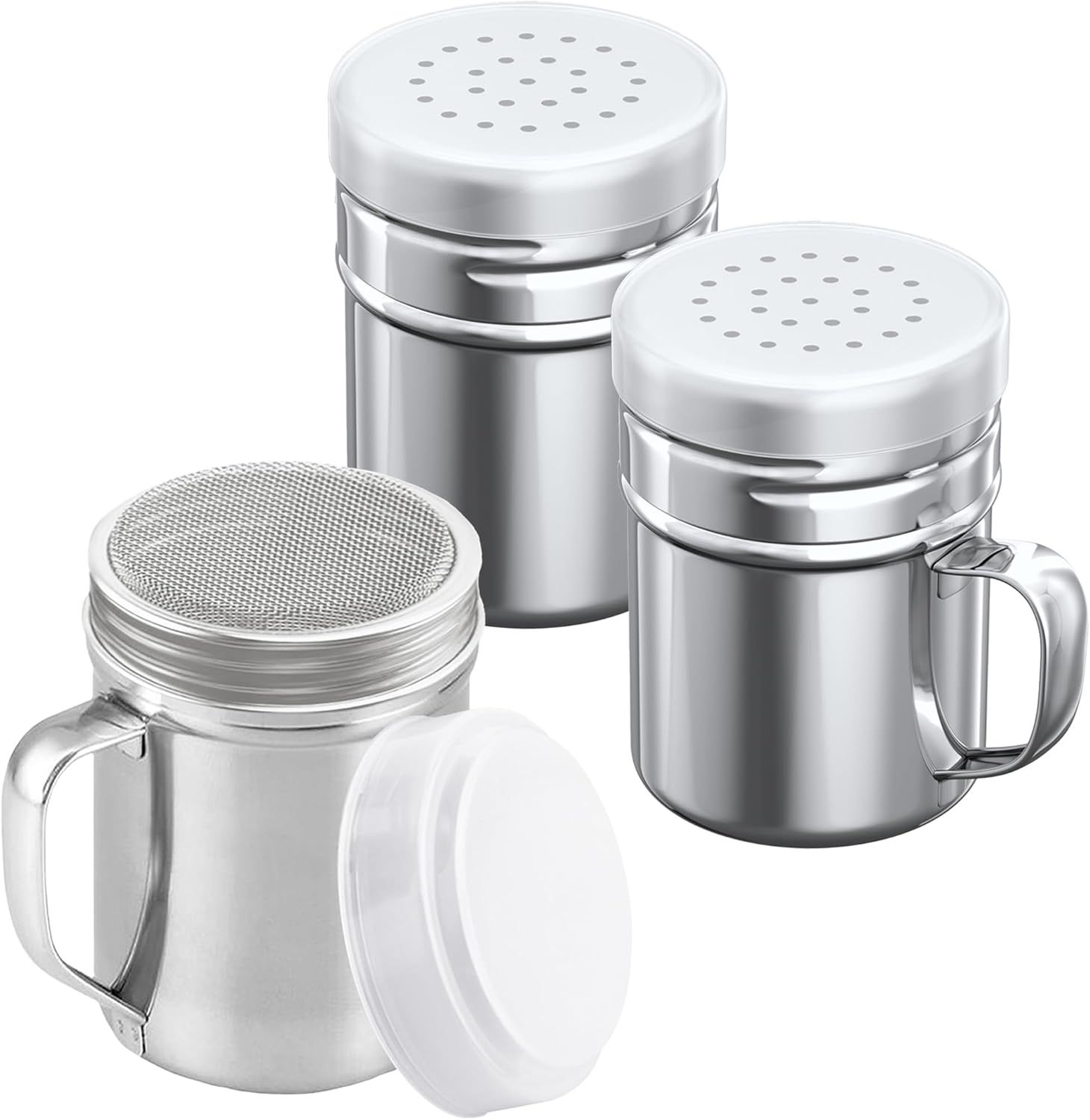 [1-pc] 6 oz Powdered Sugar Shaker Duster + [2-pcs] 6 oz Stainless Steel Salt Pepper Dredge Shakers - All with Plastic Caps and Handles Bundle - Image 1