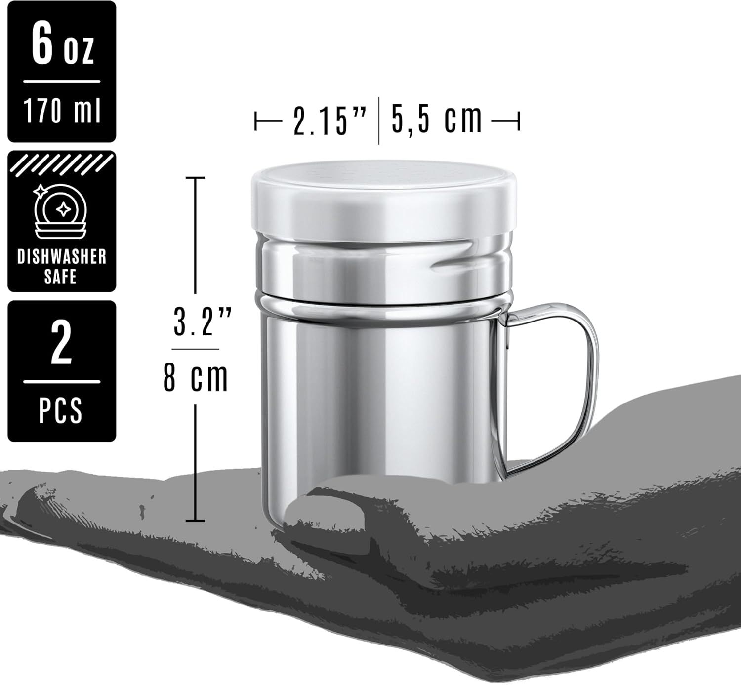 [1-pc] 6 oz Powdered Sugar Shaker Duster + [2-pcs] 6 oz Stainless Steel Salt Pepper Dredge Shakers - All with Plastic Caps and Handles Bundle - Image 4