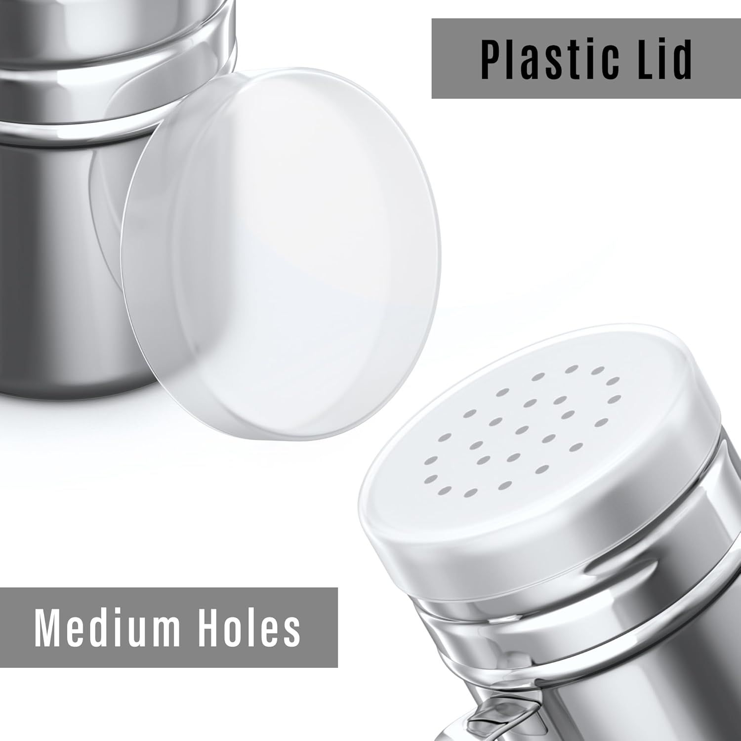 [1-pc] 6 oz Powdered Sugar Shaker Duster + [2-pcs] 6 oz Stainless Steel Salt Pepper Dredge Shakers - All with Plastic Caps and Handles Bundle - Image 5