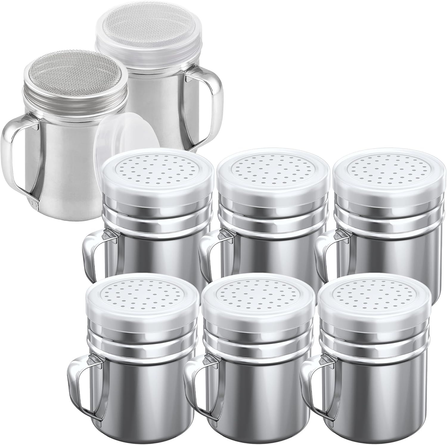 [6-pcs] 10 oz Stainless Steel Salt Pepper Dredge Shakers + [2-pcs] 10 oz Powdered Sugar Shakers - with Plastic Caps & Handles Bundle - Image 1