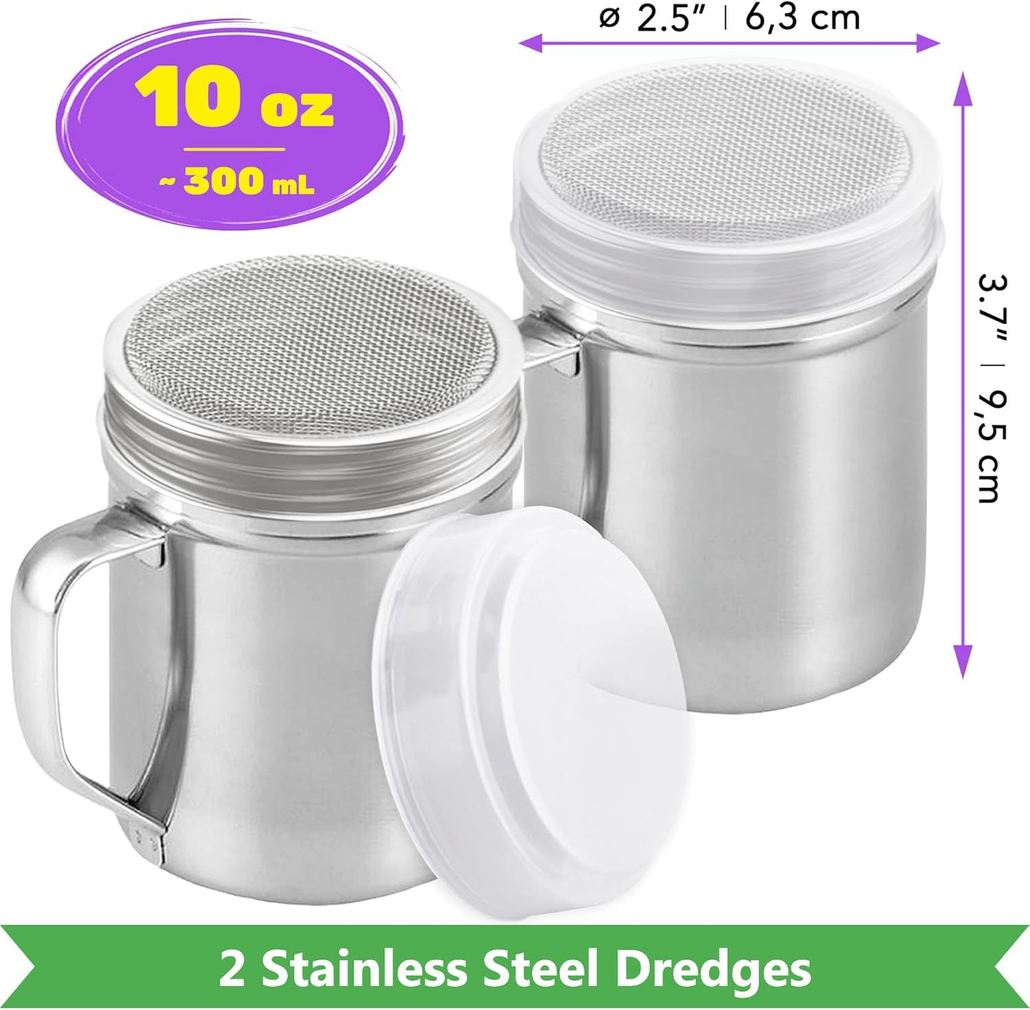 [6-pcs] 10 oz Stainless Steel Salt Pepper Dredge Shakers + [2-pcs] 10 oz Powdered Sugar Shakers - with Plastic Caps & Handles Bundle - Image 2