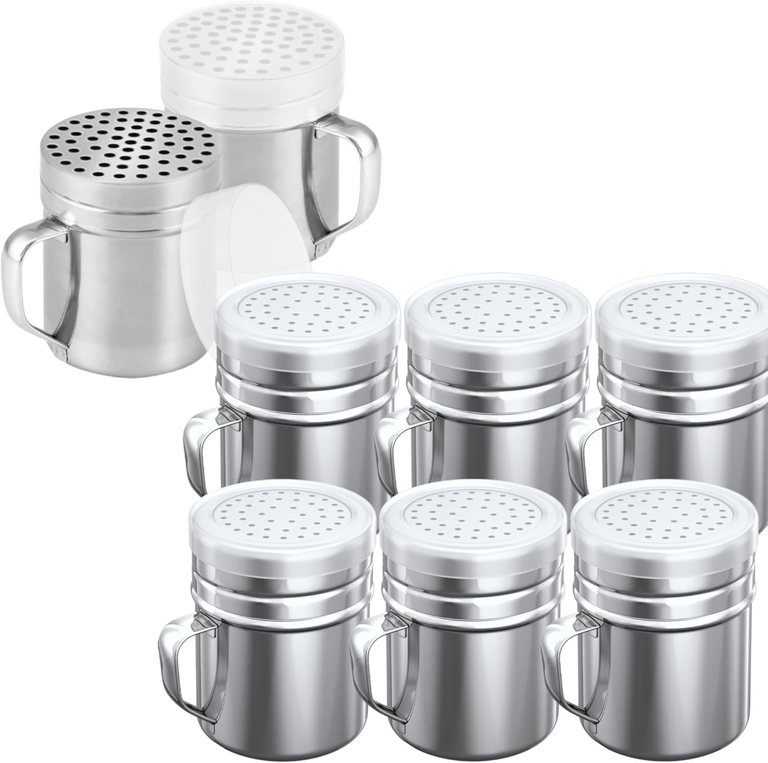 [6-pcs] 10 oz Stainless Steel Salt Pepper Dredge Shakers + [2-pcs] 10 oz Metal Parmesan Cheese Shakers - with Plastic Caps & Handles Bundle - Image 1