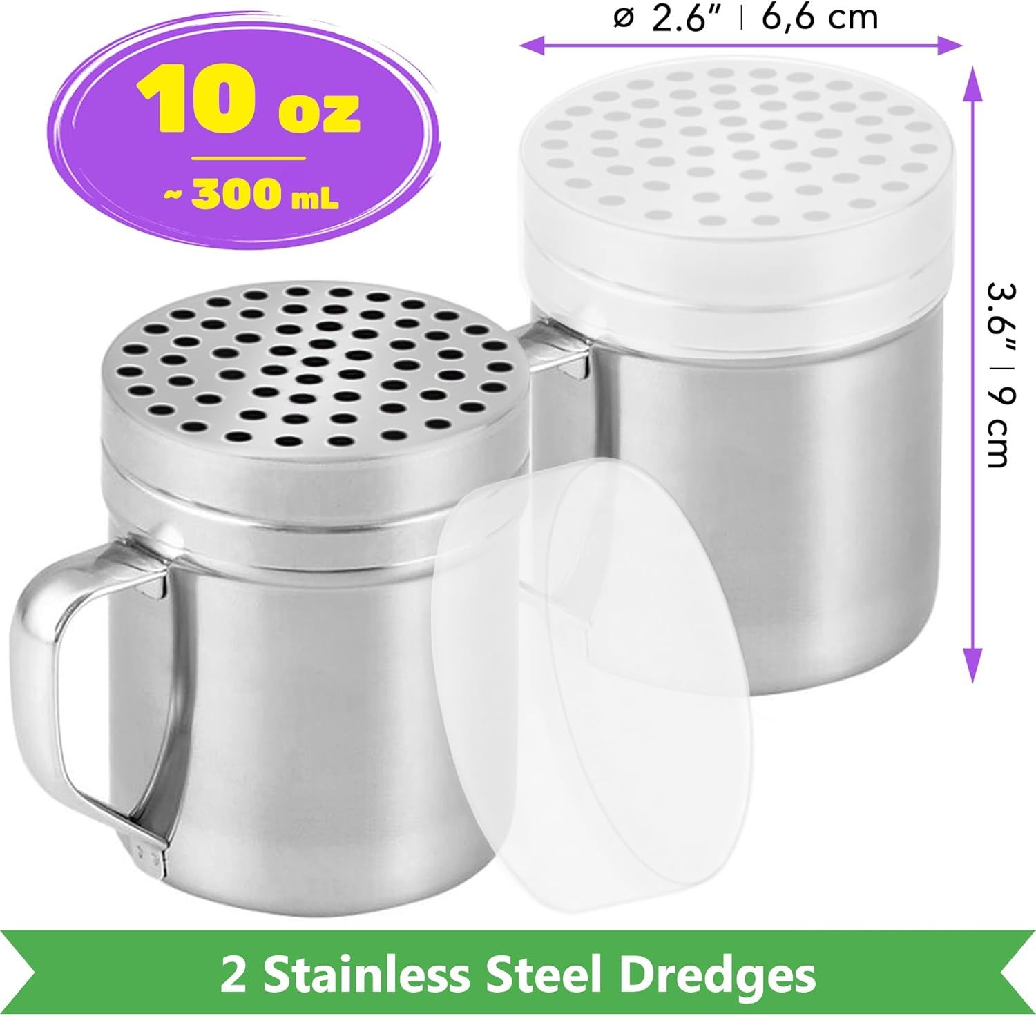 [6-pcs] 10 oz Stainless Steel Salt Pepper Dredge Shakers + [2-pcs] 10 oz Metal Parmesan Cheese Shakers - with Plastic Caps & Handles Bundle - Image 2