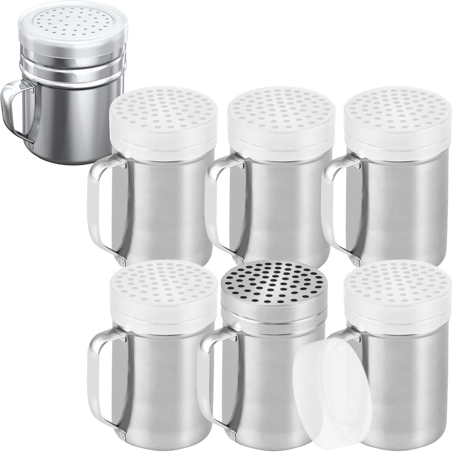 [6-pcs] 14 oz Metal Parmesan Cheese Shakers (Large Holes) + [1-pc] 10 oz Stainless Steel Salt Pepper Dredge Shaker - with Plastic Caps & Handles Bundle - Image 1