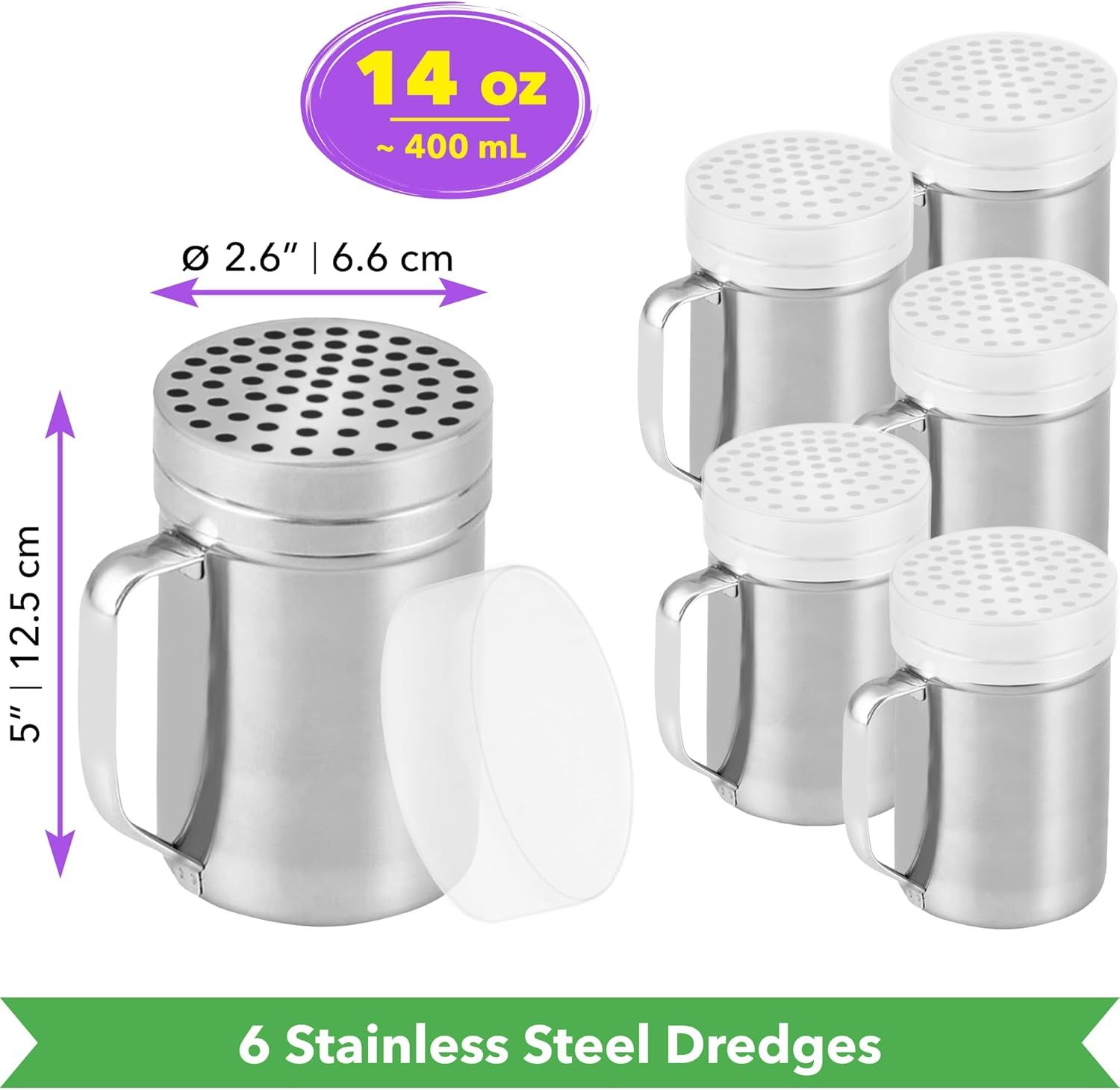 [6-pcs] 14 oz Metal Parmesan Cheese Shakers (Large Holes) + [1-pc] 10 oz Stainless Steel Salt Pepper Dredge Shaker - with Plastic Caps & Handles Bundle - Image 2
