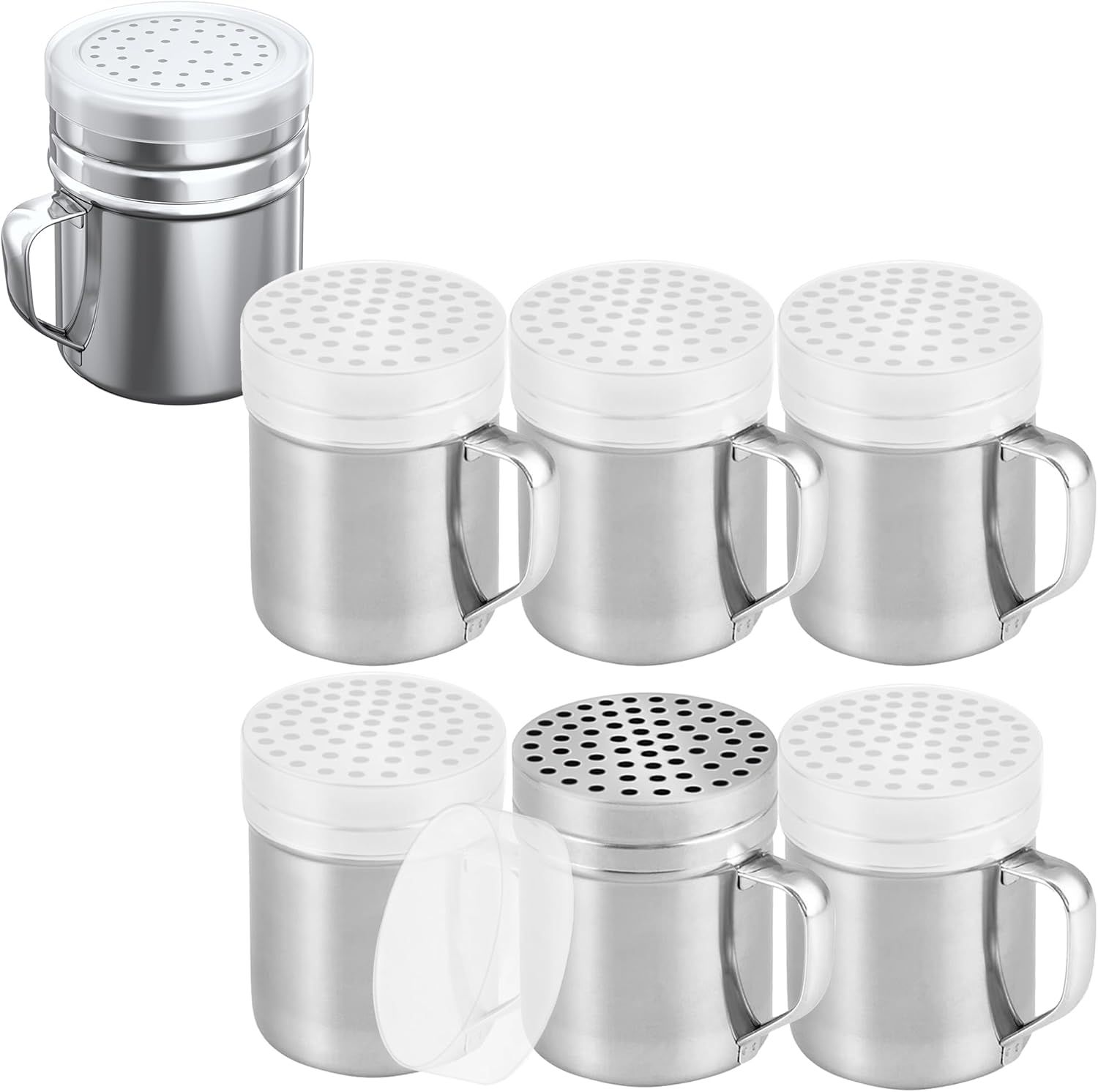 [6-pcs] 10 oz Metal Parmesan Cheese Shakers (Large Holes) + [1-pc] 10 oz Stainless Steel Salt Pepper Dredge Shaker - with Plastic Caps & Handles Bundle - Image 1