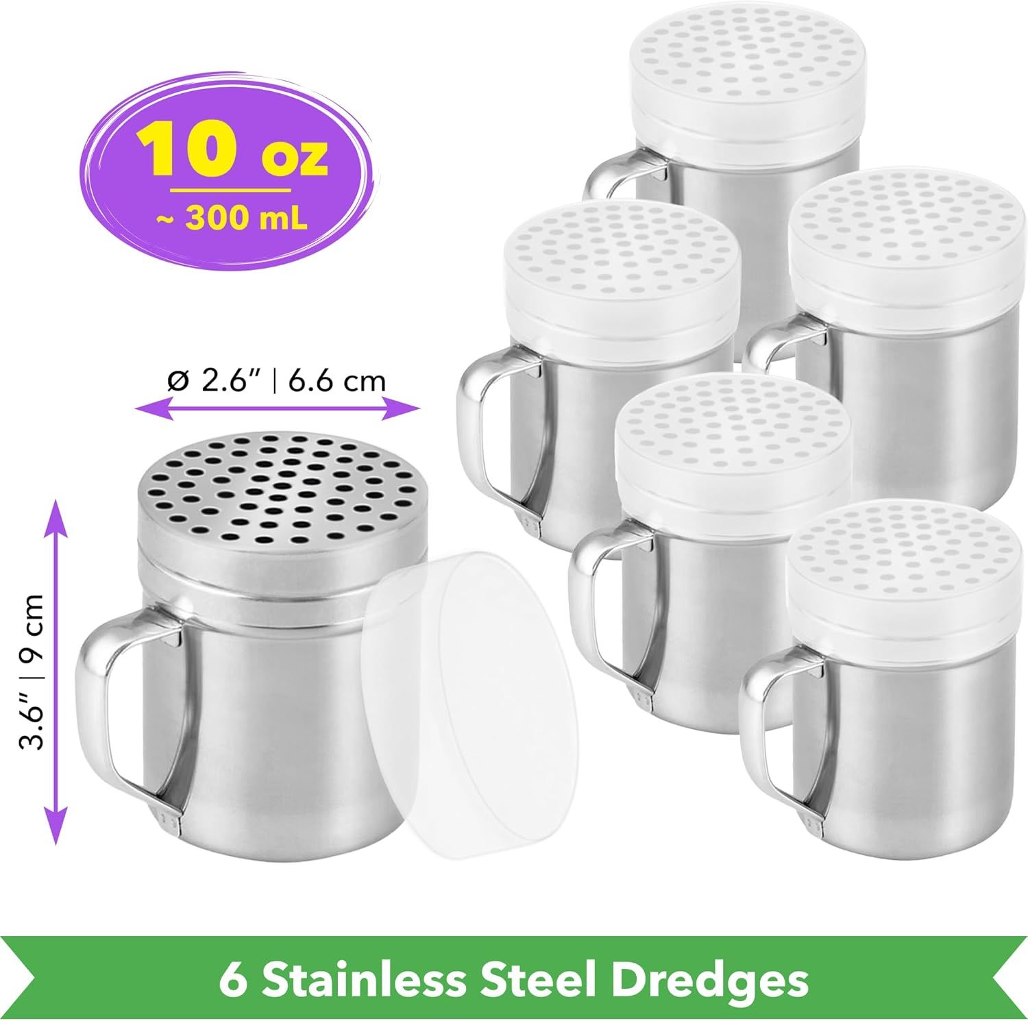 [6-pcs] 10 oz Metal Parmesan Cheese Shakers (Large Holes) + [1-pc] 10 oz Stainless Steel Salt Pepper Dredge Shaker - with Plastic Caps & Handles Bundle - Image 2