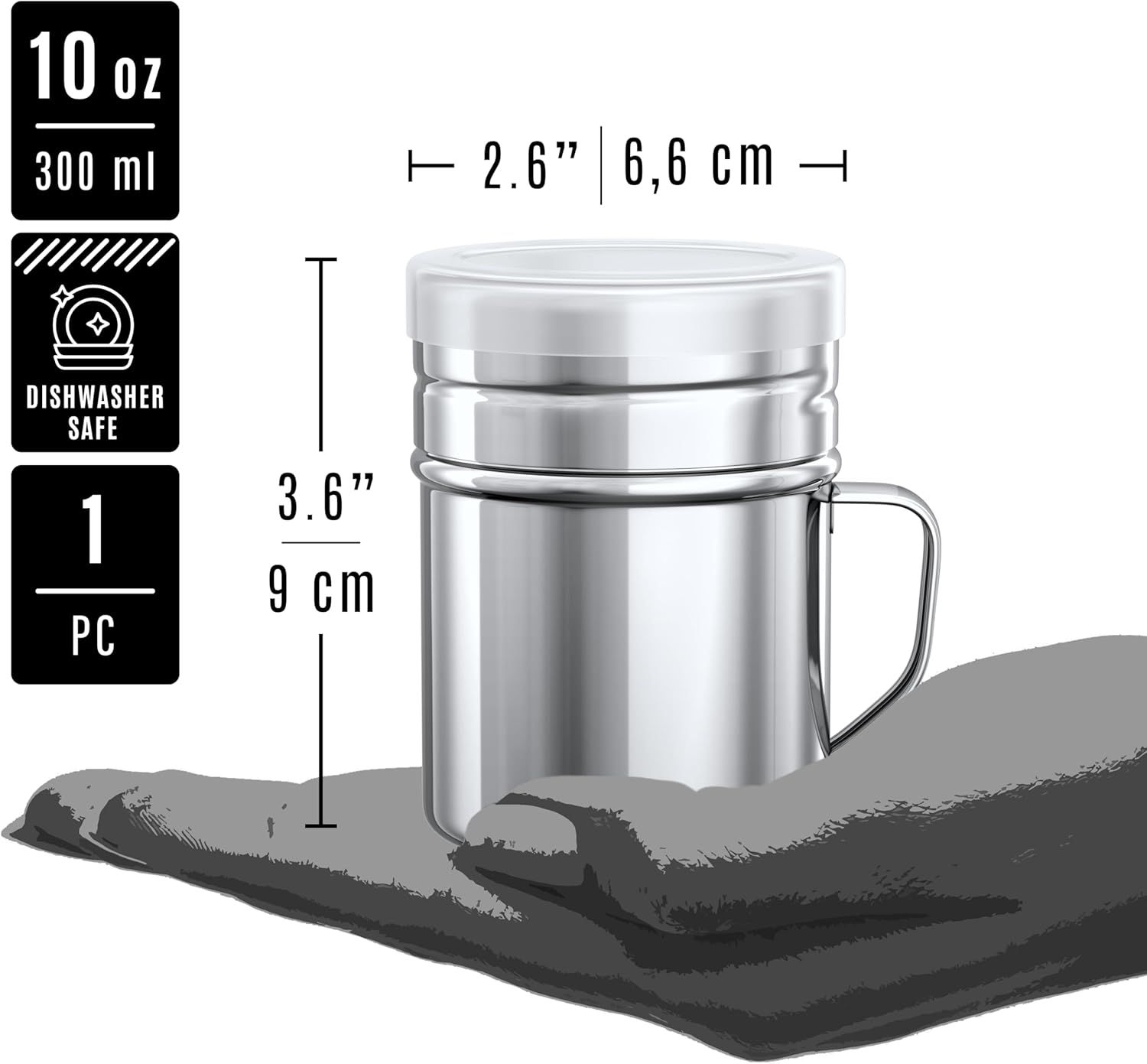 [6-pcs] 10 oz Metal Parmesan Cheese Shakers (Large Holes) + [1-pc] 10 oz Stainless Steel Salt Pepper Dredge Shaker - with Plastic Caps & Handles Bundle - Image 4