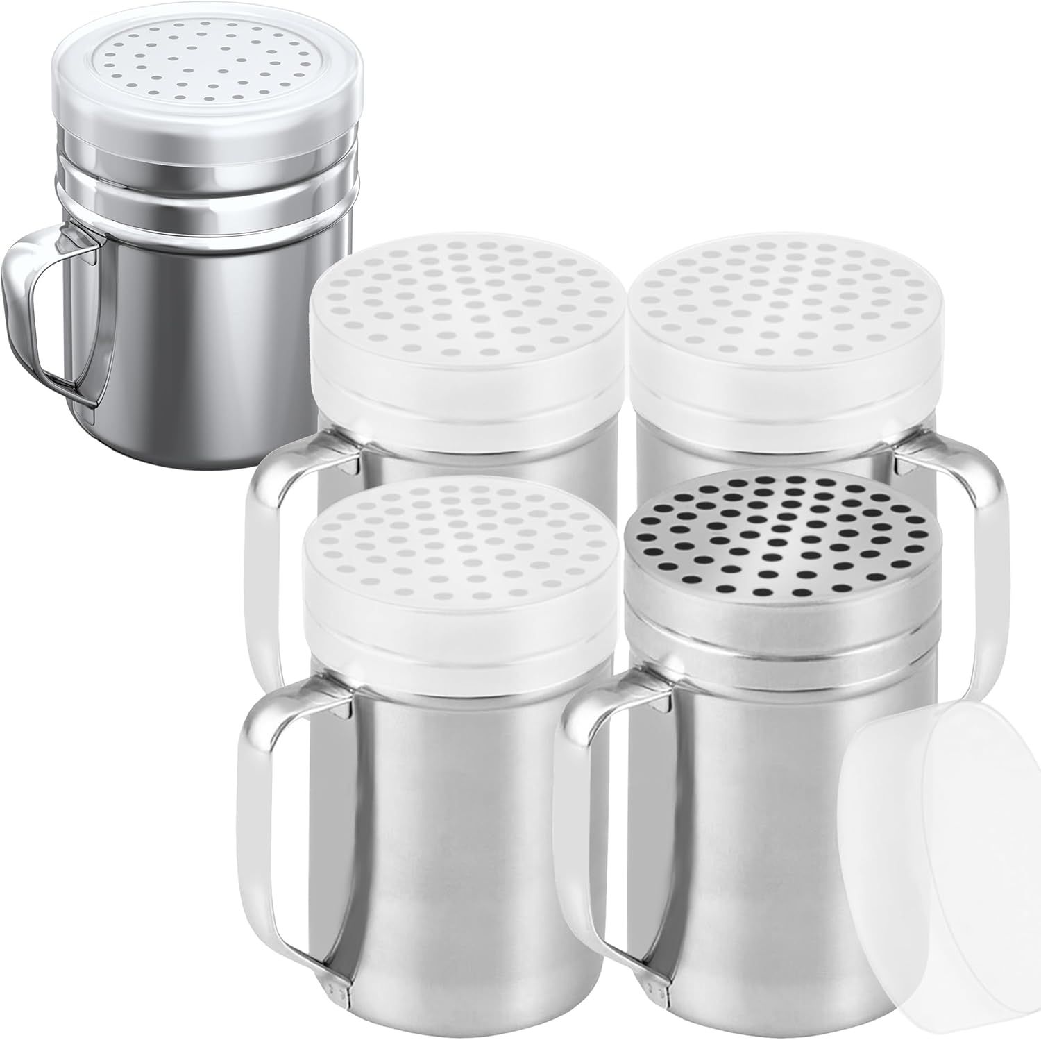 [4-pcs] 14 oz Metal Parmesan Cheese Shakers (Large Holes) + [1-pc] 10 oz Stainless Steel Salt Pepper Dredge Shaker - with Plastic Caps & Handles Bundle - Image 1