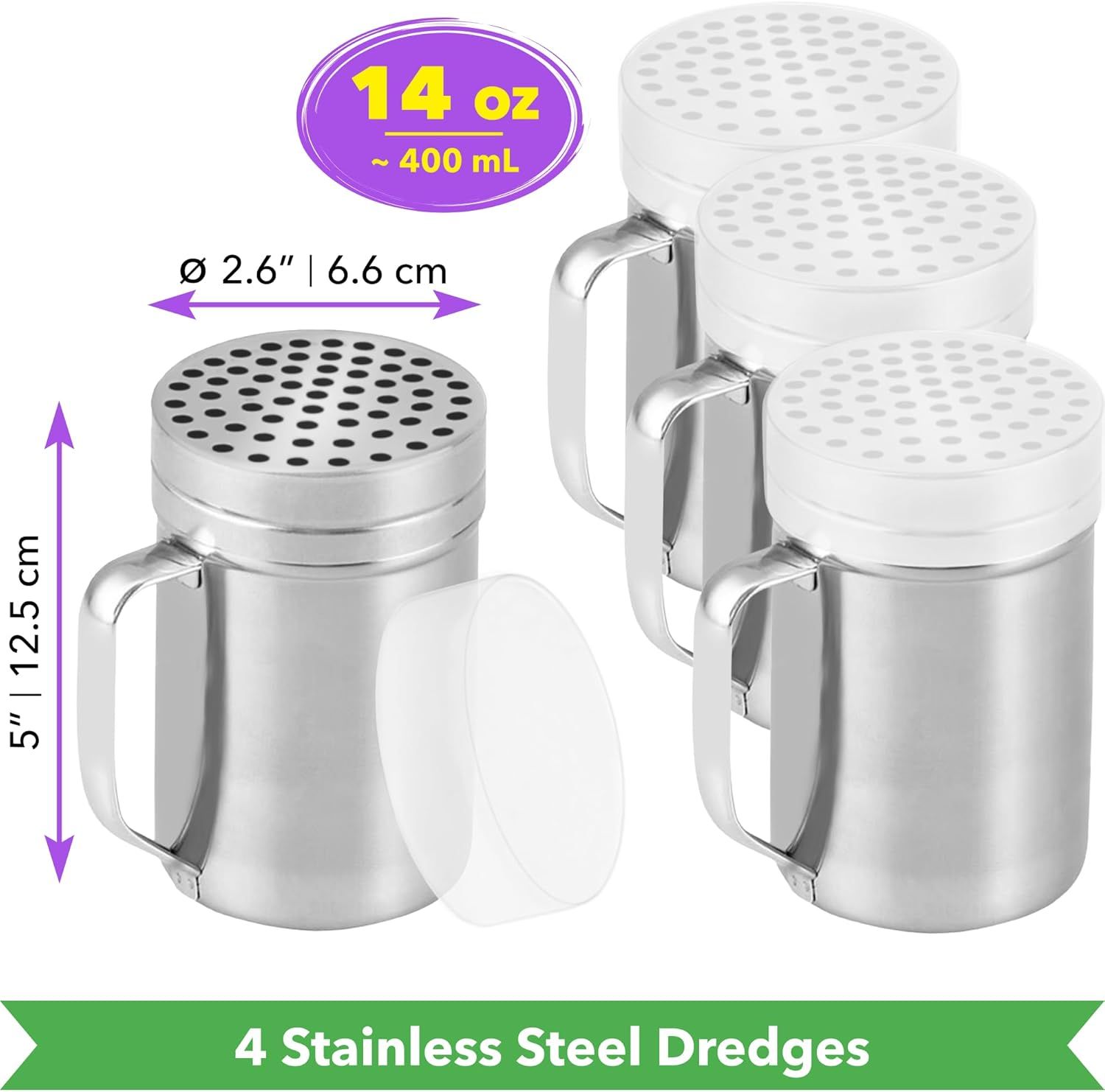 [4-pcs] 14 oz Metal Parmesan Cheese Shakers (Large Holes) + [1-pc] 10 oz Stainless Steel Salt Pepper Dredge Shaker - with Plastic Caps & Handles Bundle - Image 2
