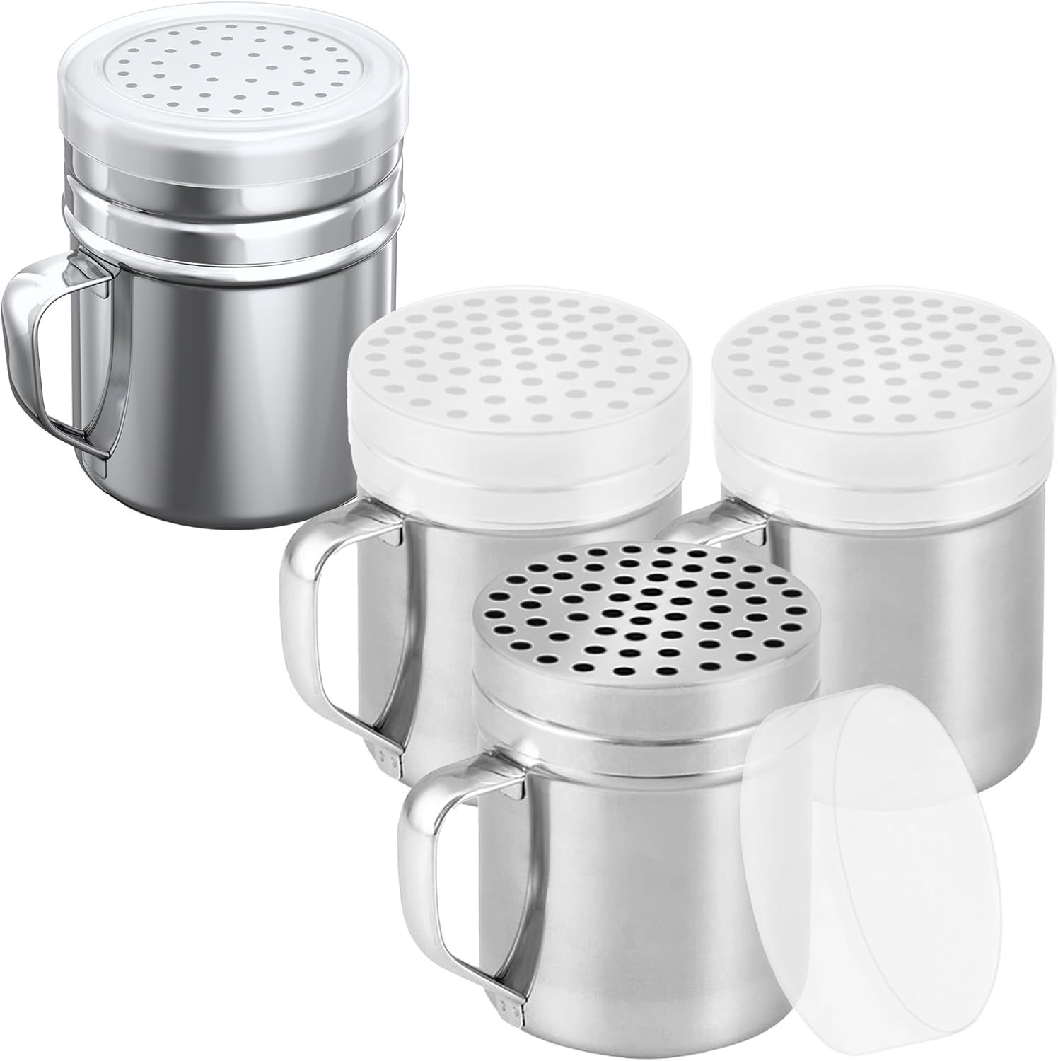 [3-pcs] 10 oz Metal Parmesan Cheese Shakers (Large Holes) + [1-pc] 10 oz Stainless Steel Salt Pepper Dredge Shaker - with Plastic Caps & Handles Bundle - Image 1