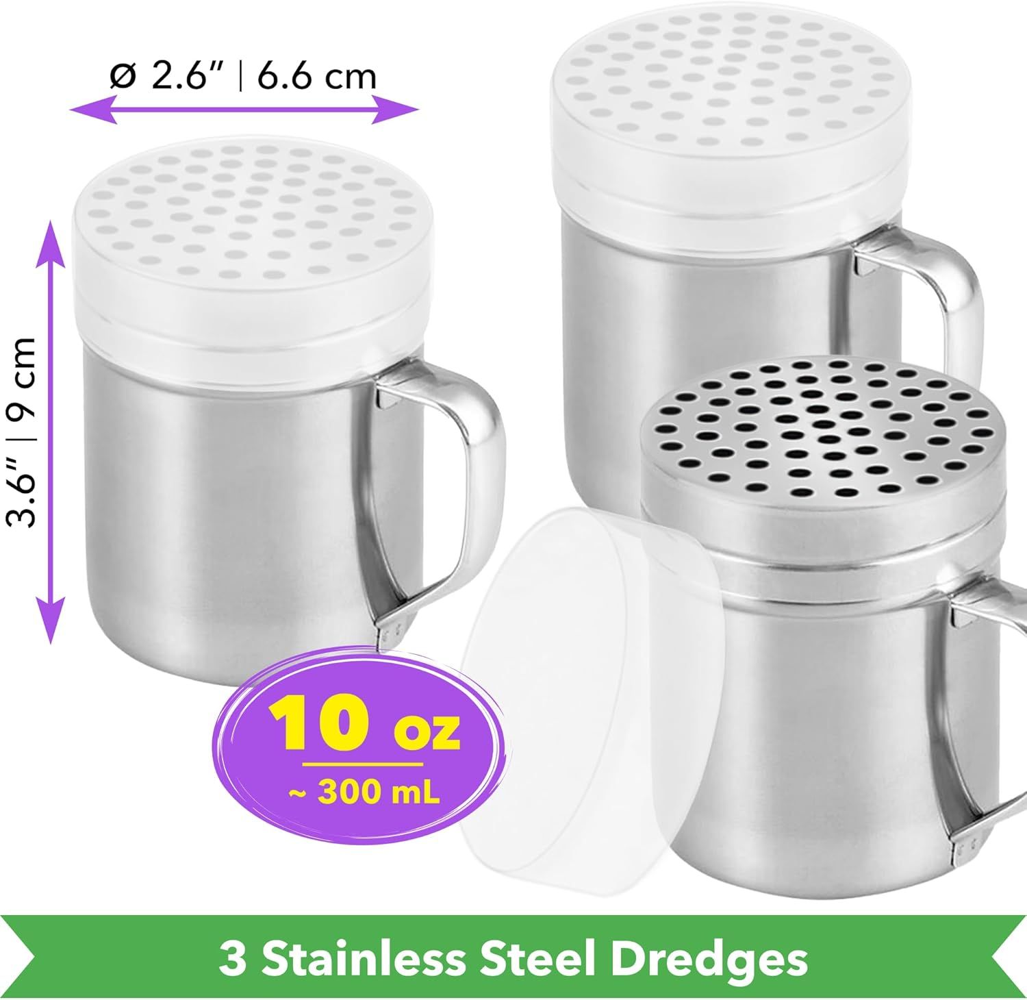 [3-pcs] 10 oz Metal Parmesan Cheese Shakers (Large Holes) + [1-pc] 10 oz Stainless Steel Salt Pepper Dredge Shaker - with Plastic Caps & Handles Bundle - Image 2
