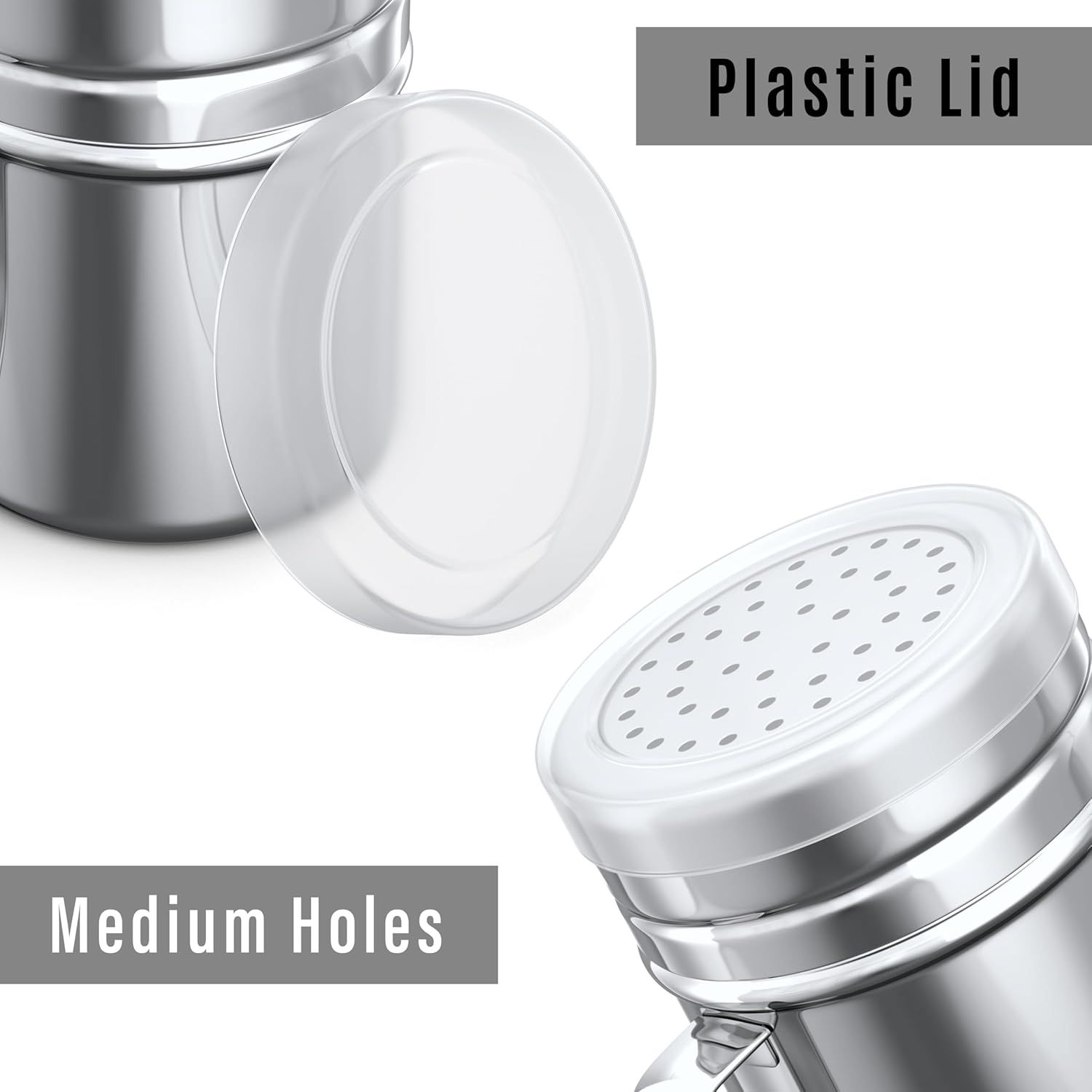 [3-pcs] 10 oz Metal Parmesan Cheese Shakers (Large Holes) + [1-pc] 10 oz Stainless Steel Salt Pepper Dredge Shaker - with Plastic Caps & Handles Bundle - Image 5