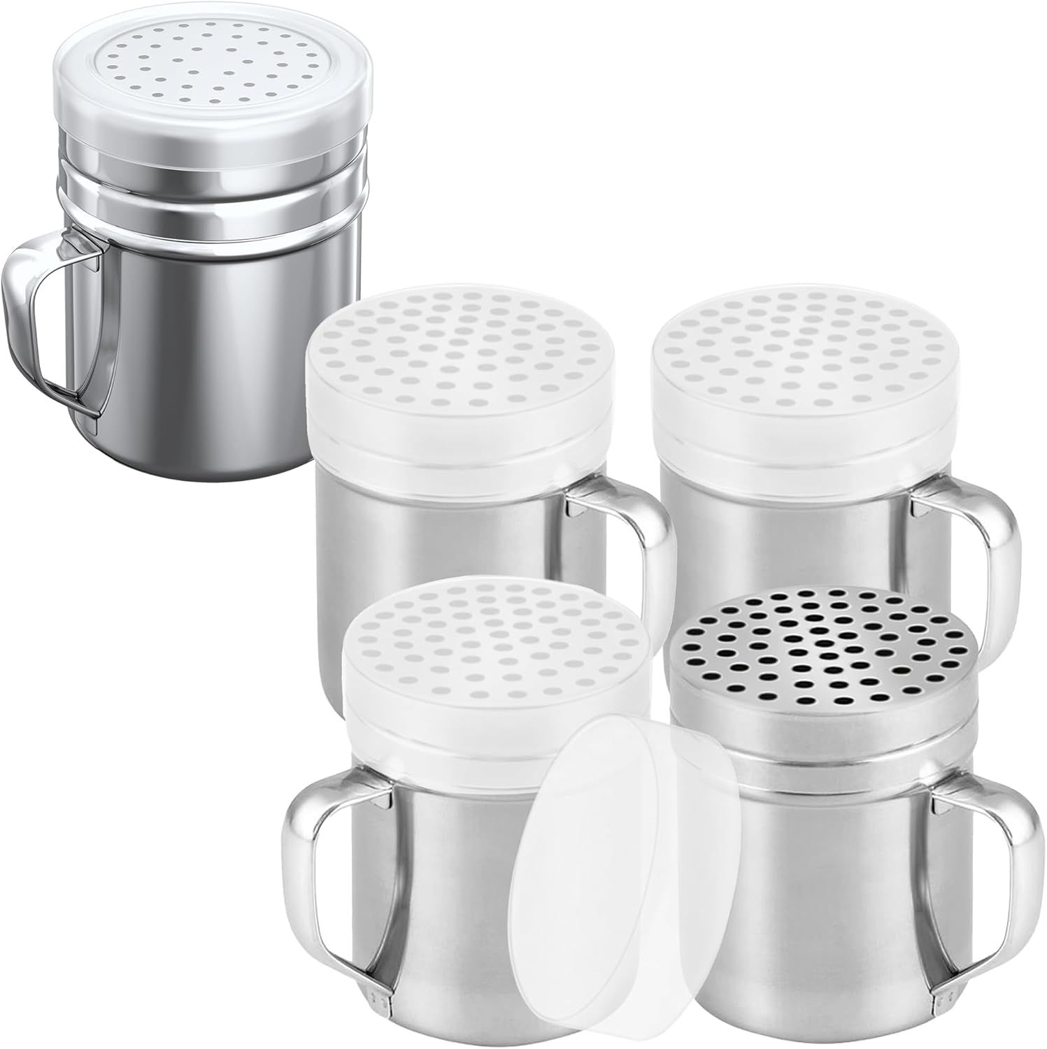 [4-pcs] 10 oz Metal Parmesan Cheese Shakers (Large Holes) + [1-pc] 10 oz Stainless Steel Salt Pepper Dredge Shaker - with Plastic Caps & Handles Bundle - Image 1