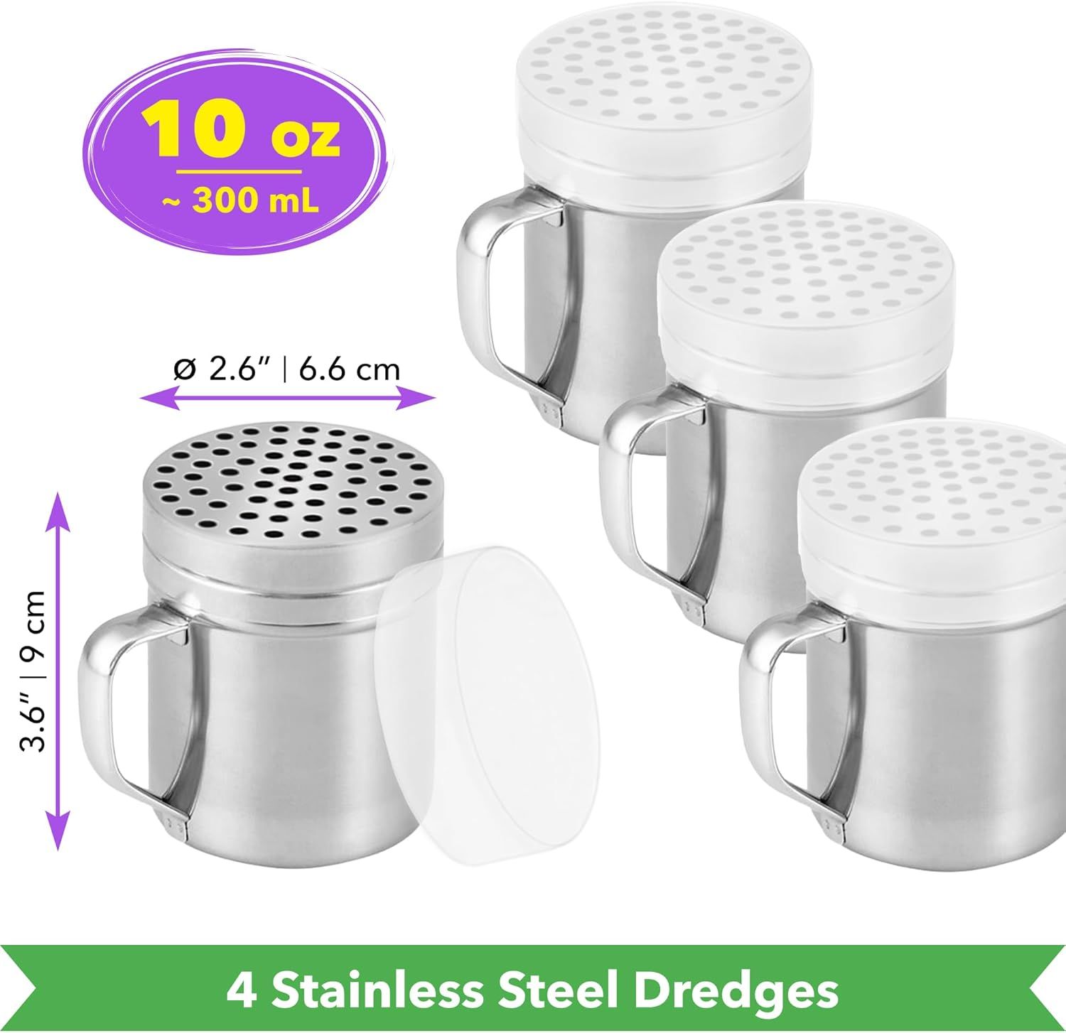 [4-pcs] 10 oz Metal Parmesan Cheese Shakers (Large Holes) + [1-pc] 10 oz Stainless Steel Salt Pepper Dredge Shaker - with Plastic Caps & Handles Bundle - Image 2