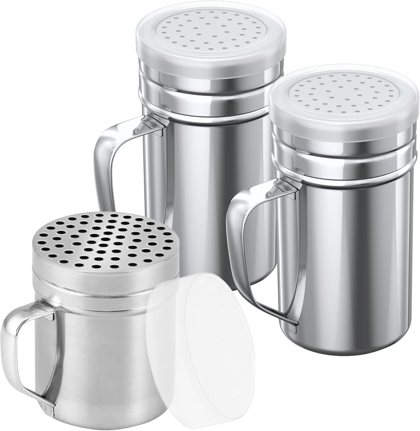 [1-pc] 10 oz Metal Parmesan Cheese Shaker (Large Holes) + [2-pcs] 14 oz Metal Salt Pepper Dredge Shakers - with Plastic Caps & Handles Bundle - Image 1