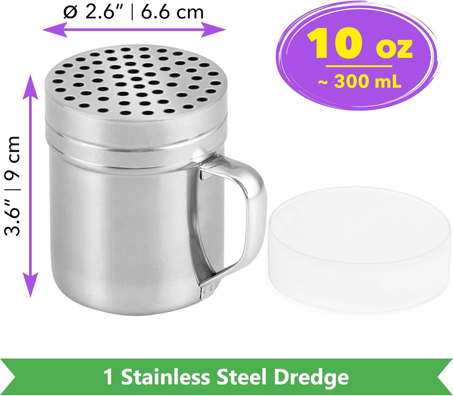 [1-pc] 10 oz Metal Parmesan Cheese Shaker (Large Holes) + [2-pcs] 14 oz Metal Salt Pepper Dredge Shakers - with Plastic Caps & Handles Bundle - Image 2