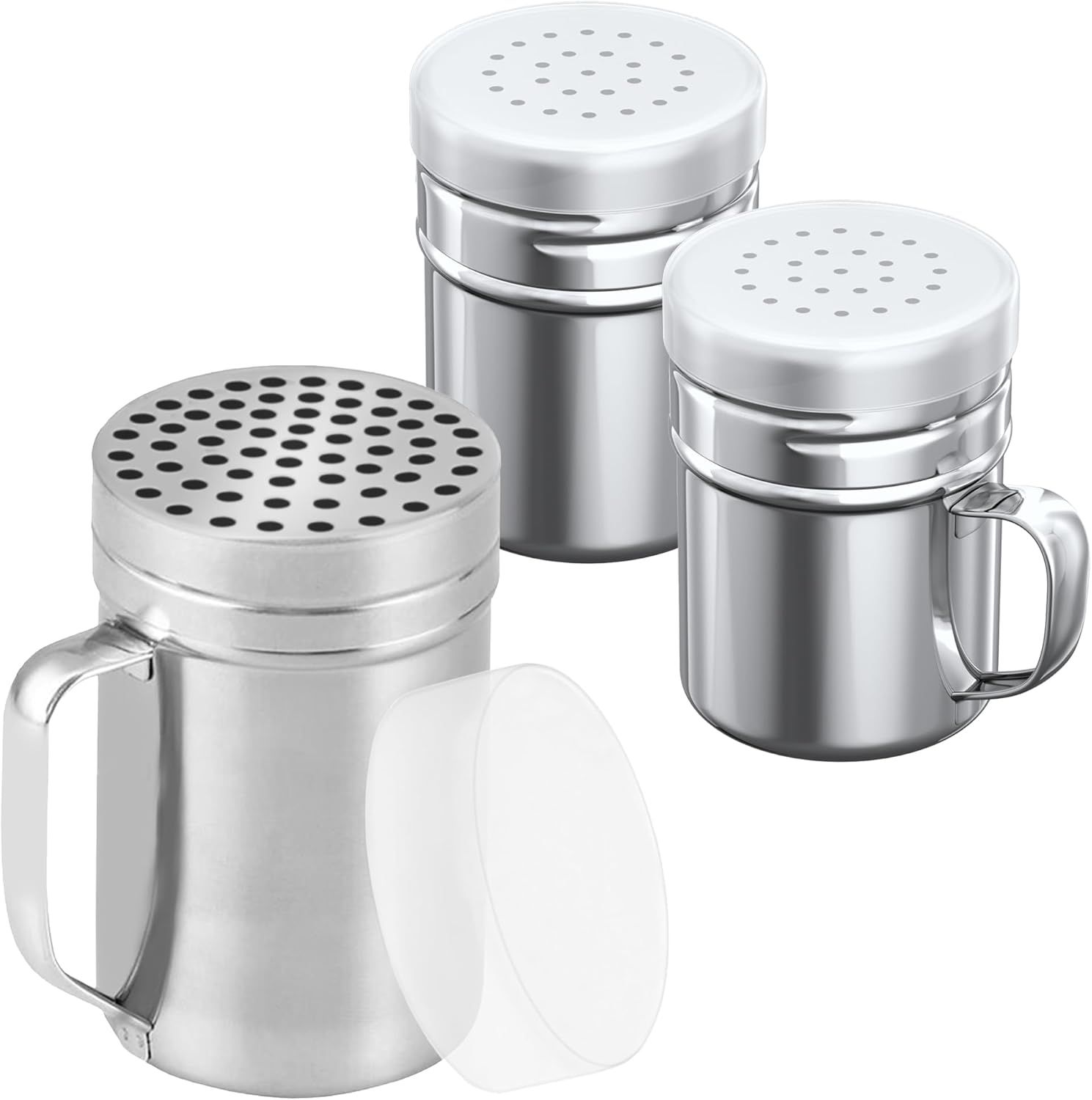 [1-pc] 14 oz Metal Parmesan Cheese Shaker (Large Holes) + [2-pcs] 6 oz Metal Salt Pepper Dredge Shakers - with Plastic Caps & Handles Bundle - Image 1