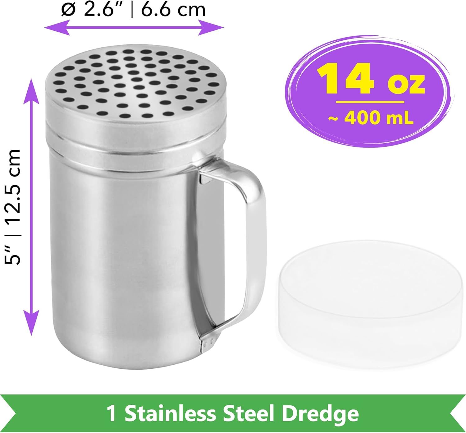 [1-pc] 14 oz Metal Parmesan Cheese Shaker (Large Holes) + [2-pcs] 6 oz Metal Salt Pepper Dredge Shakers - with Plastic Caps & Handles Bundle - Image 2