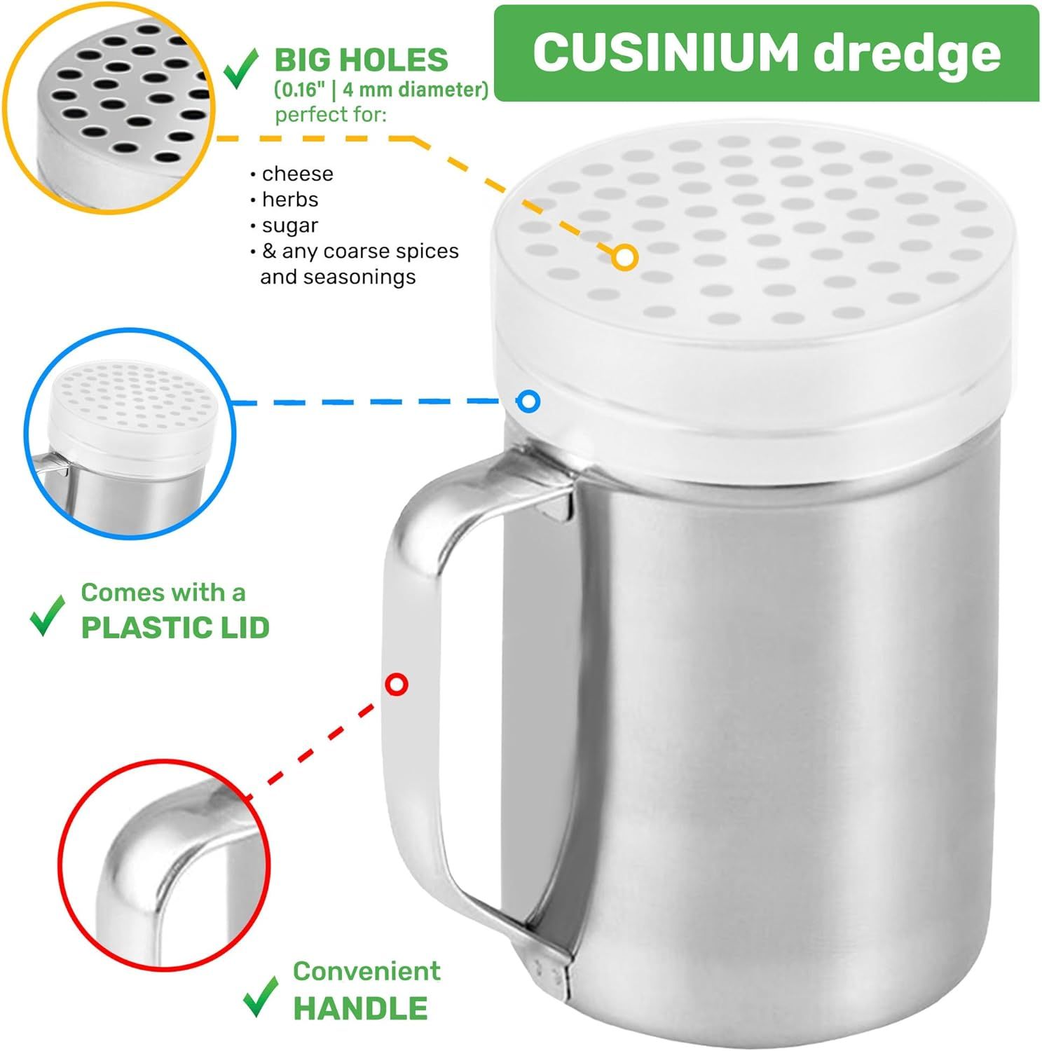 [1-pc] 14 oz Metal Parmesan Cheese Shaker (Large Holes) + [2-pcs] 6 oz Metal Salt Pepper Dredge Shakers - with Plastic Caps & Handles Bundle - Image 3
