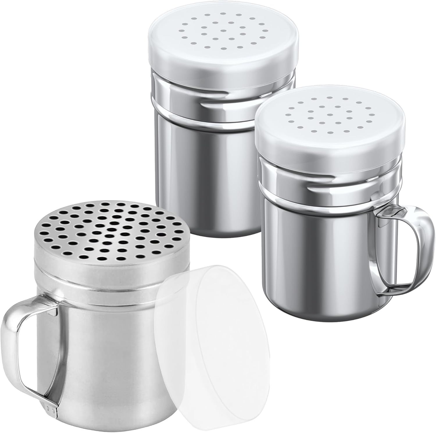 [1-pc] 10 oz Metal Parmesan Cheese Shaker (Large Holes) + [2-pcs] 6 oz Metal Salt Pepper Dredge Shakers - with Plastic Caps & Handles Bundle - Image 1